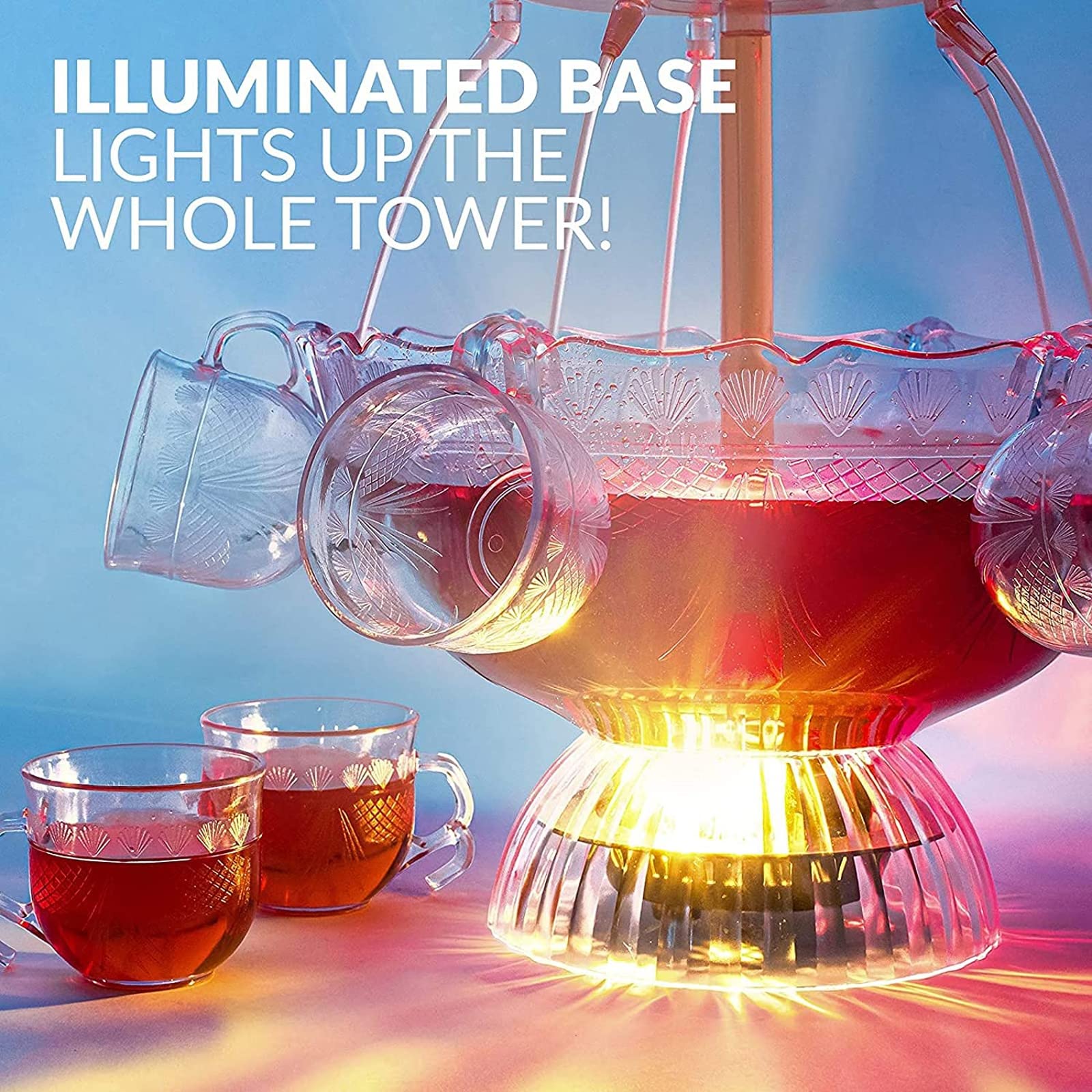 3-Tier LED Light-Up Plastic Drink Fountain with 5 Cups - Perfect for Party Games, Bar Events & Home Celebrations - Ideal for Cocktails, Mocktails & Beverage Displays