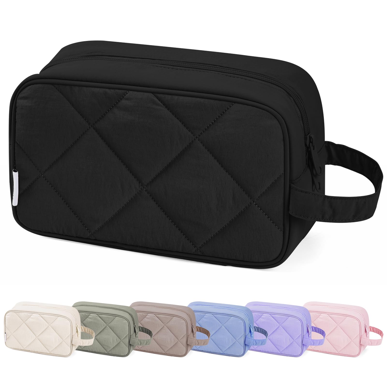 Narwey Quilted Travel Toiletry Bag for Women - Waterproof Cosmetic Makeup Organizer with Medicine Pocket, Perfect for Vacation, Gym, Business Trips & Weekend Getaways (Black)