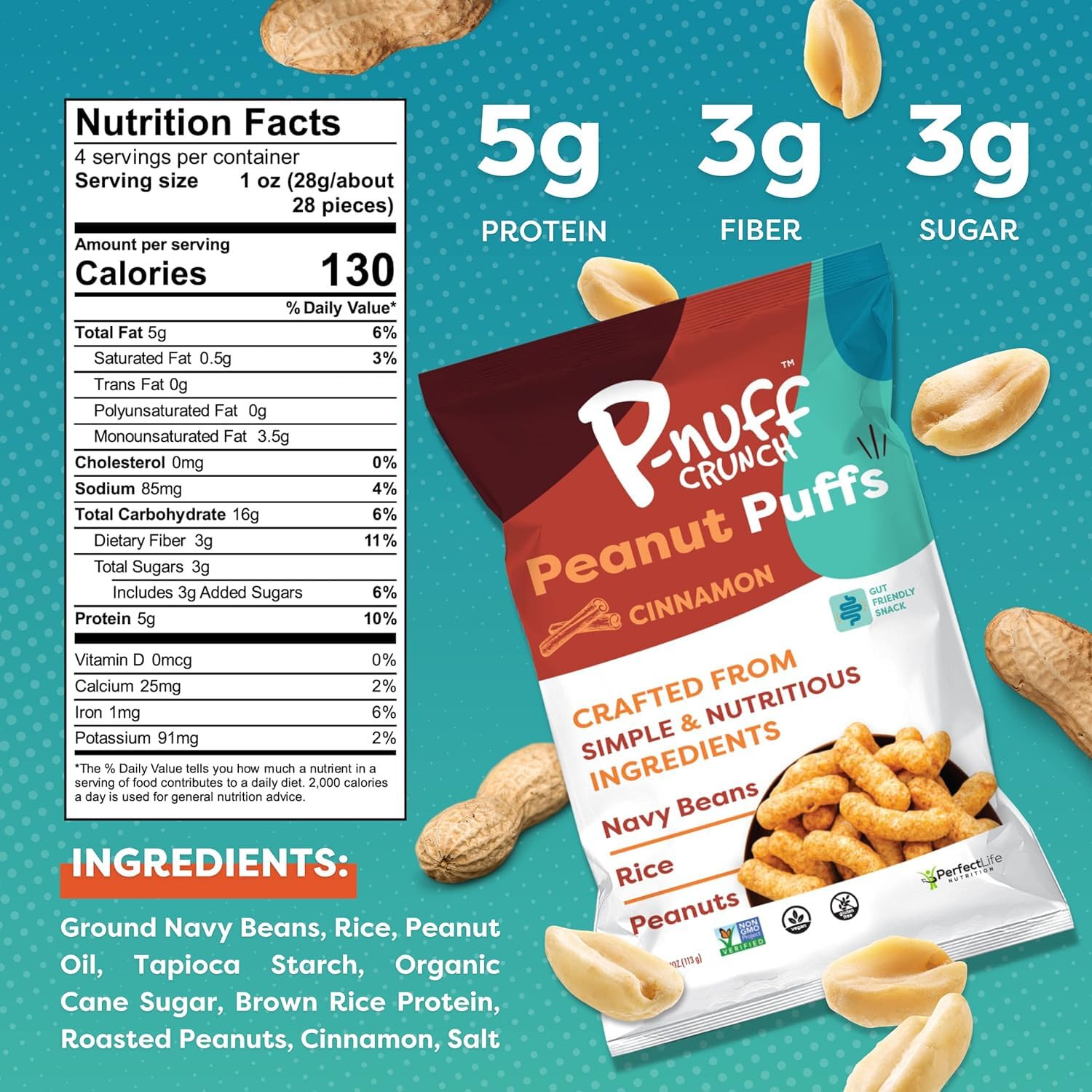 **Pnuff Crunch Peanut Butter Puffs - Healthy Low Calorie Gluten Free Vegan Keto Snacks - High Protein Low Sugar - As Seen on Shark Tank - Cinnamon Flavor - 4 Oz Bag (Pack of 15) - Perfect for Office, Travel & On-the-Go Snacking**