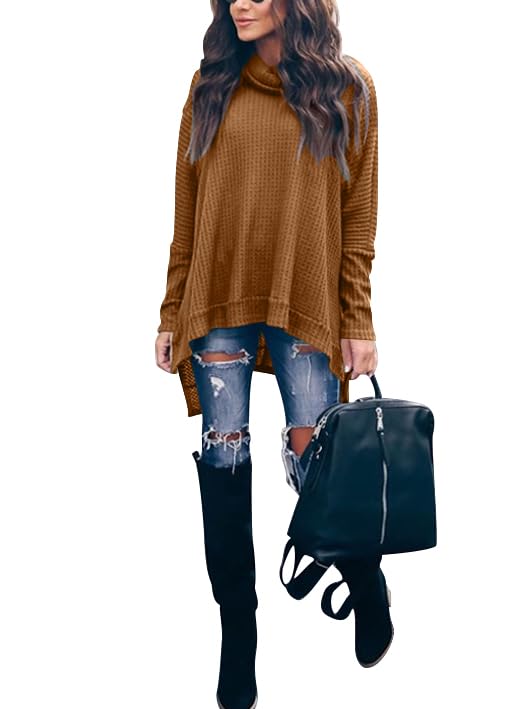 Caracilia Women's Oversized Turtleneck Sweater - Batwing Long Sleeve Waffle Knit Pullover with Split Hem | Cozy Winter Tops for Casual Outfits, Office Wear & Holiday Fashion 2024