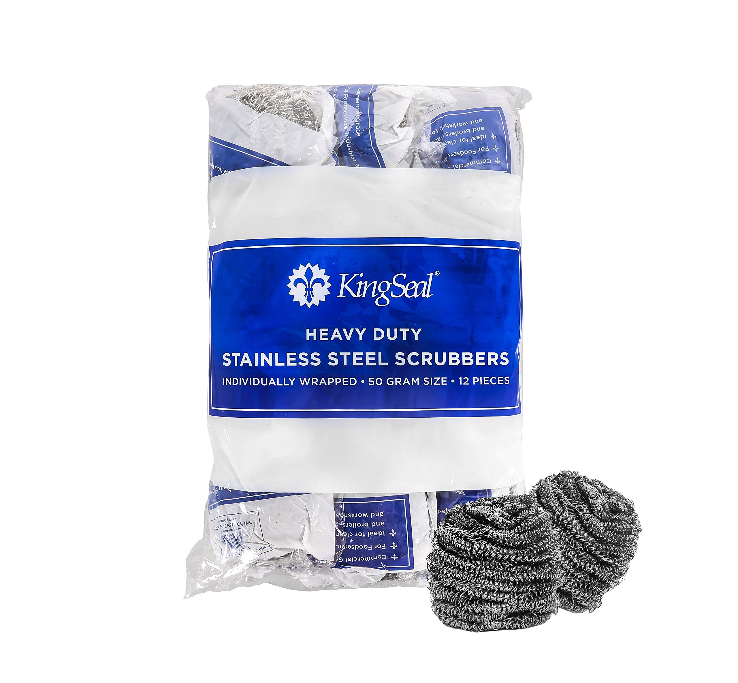 KingSeal Heavy Duty Stainless Steel Scrubbers - 50g Each, Individually Wrapped (12-Pack) - Perfect for Cleaning Pots, Pans, Grills & Kitchen Utensils