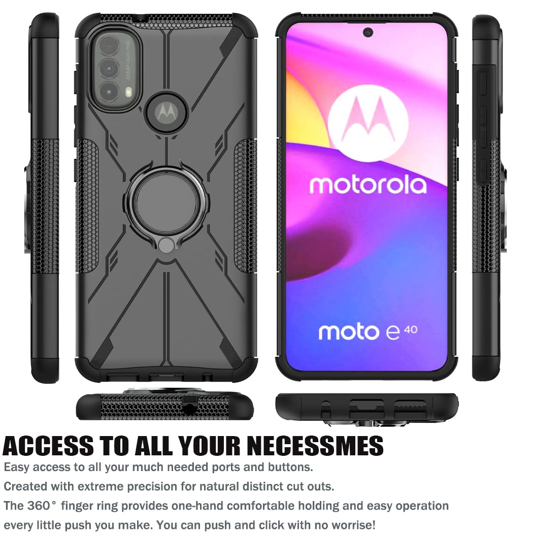 Magnetic Kickstand Case for Motorola Moto E20/E30/E40 (XT2155/XT2158) with Tempered Glass Screen Protector - 360° Rotating Ring Holder, Protective Cover (Black) - Perfect for Work, Travel, and Everyday Use