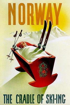 Vintage 1940s Norway Skiing Travel Poster - Retro Winter Sports Advertising Art - Perfect for Ski Lodge, Man Cave & Nordic Decor