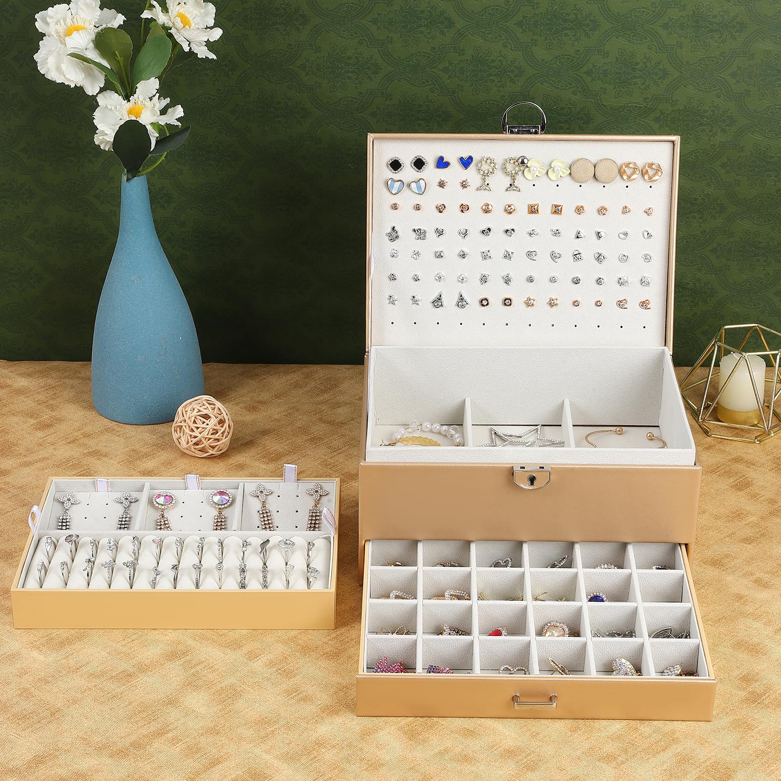 5-Layer Jewelry Organizer Box with Lock - Earring, Necklace & Ring Storage for Women & Girls - Perfect for Travel, Gifts & Home Decor (Champagne)