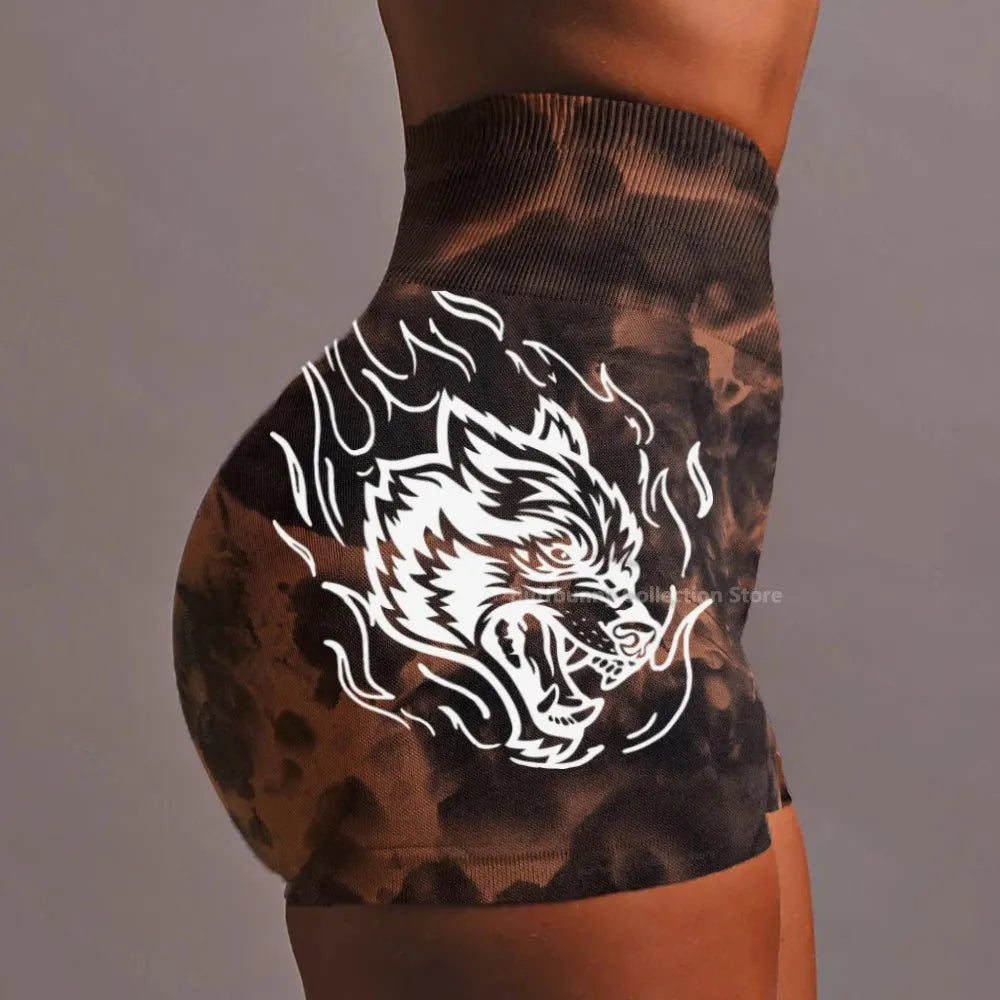 She Darc Wolf Tie Dye Scrunch Shorts for Women - Seamless Yoga Shorts, Breathable Workout Shorts with High Waist for Running, Gym & Summer Activities