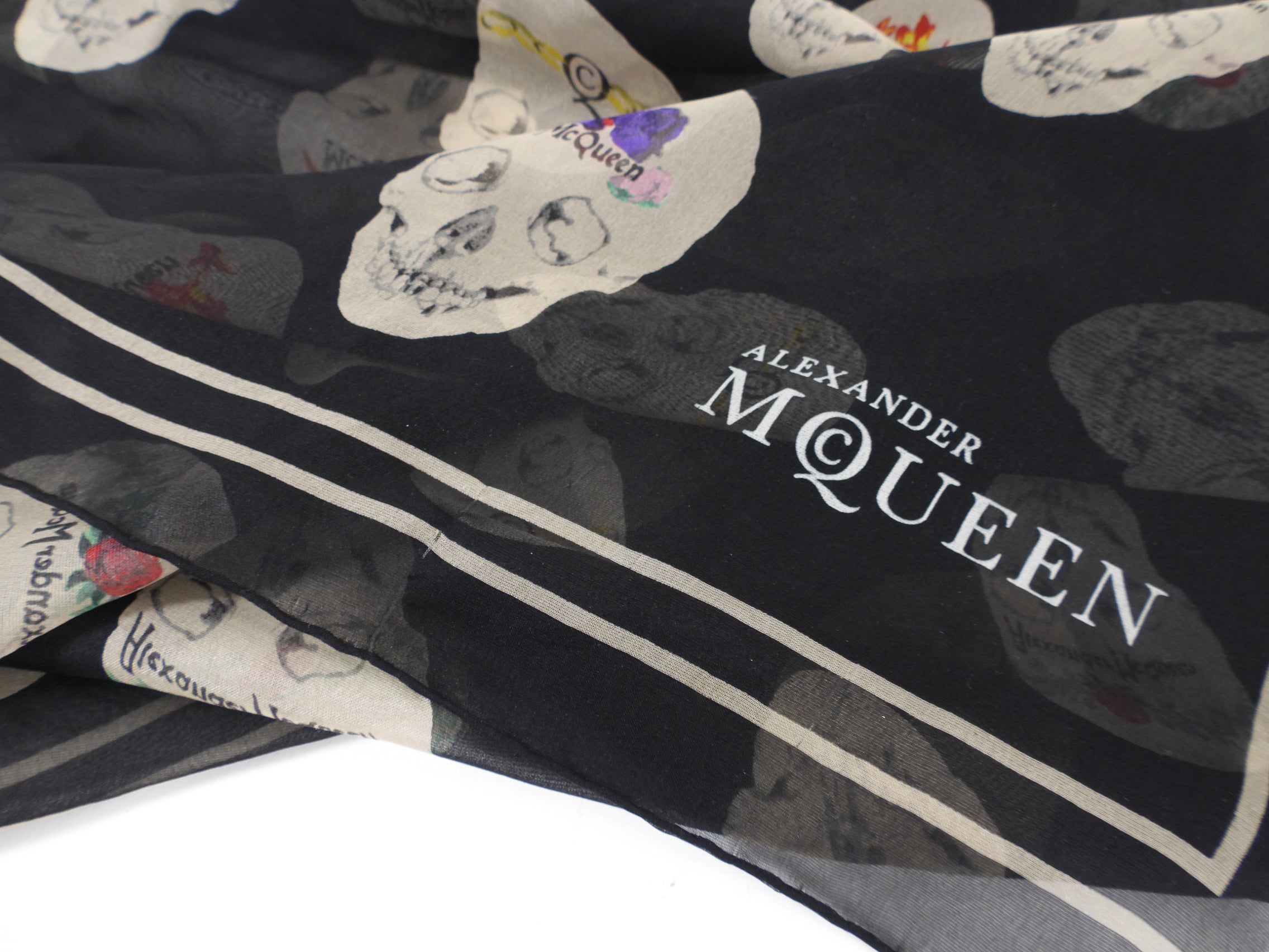 Alexander McQueen Black Sheer Chiffon Skull Scarf - Luxury Fashion Accessory for Women, Elegant Wrap for Parties & Evening Events