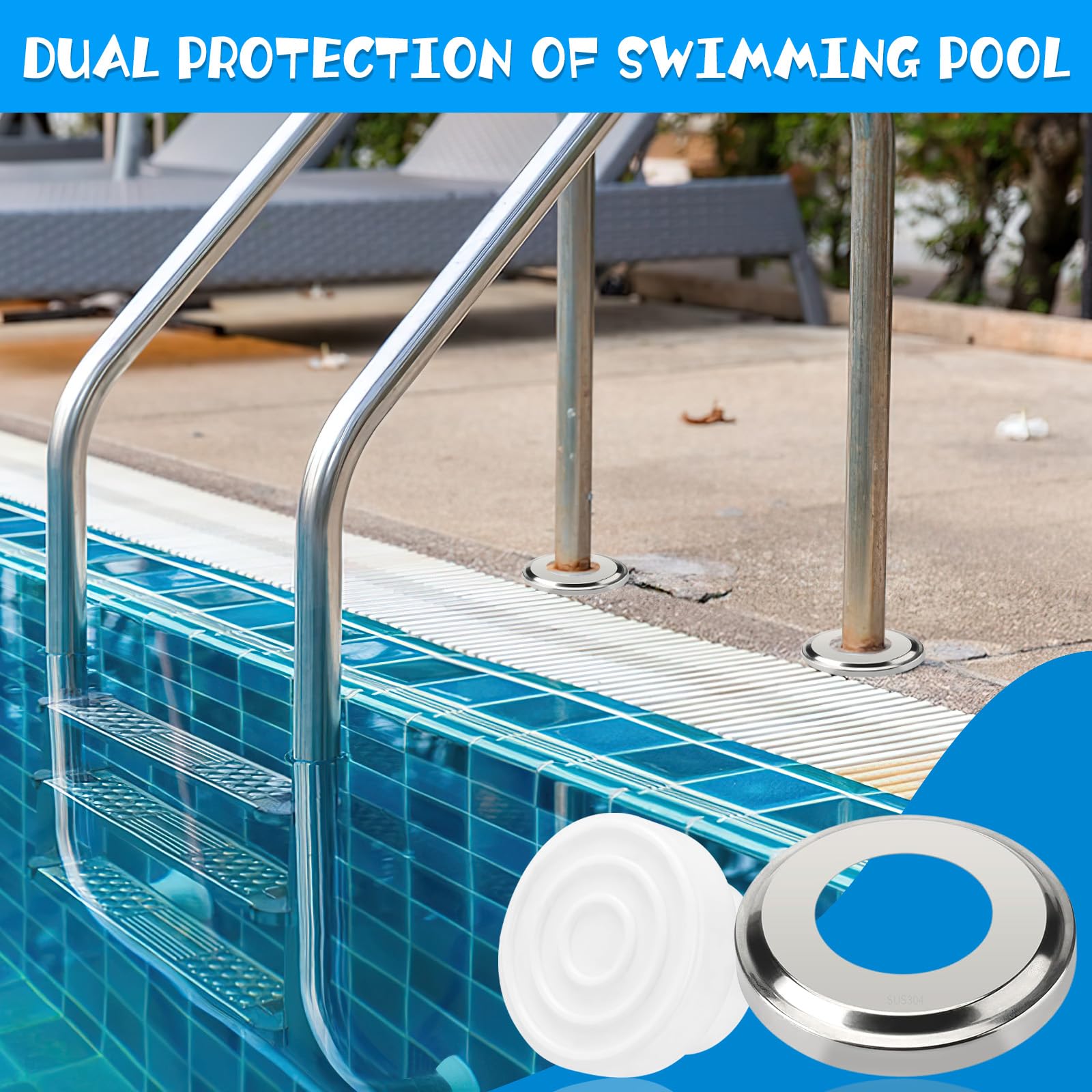 6Pcs Stainless Steel Pool Ladder Escutcheon Plates & 4Pcs Rubber Pool Ladder Plugs - Fits 1.9