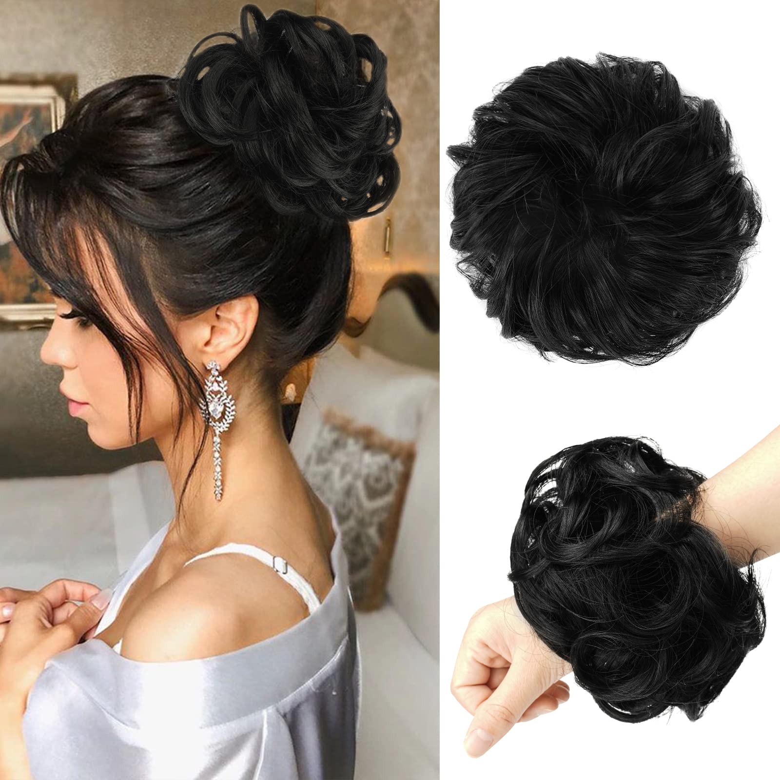 FESHFEN Synthetic Hair Bun Extensions - Messy Curly Donut Updo Hairpieces for Women & Girls (1.94oz) - Plus Size Scrunchies for Casual, Party & Wedding Hairstyles