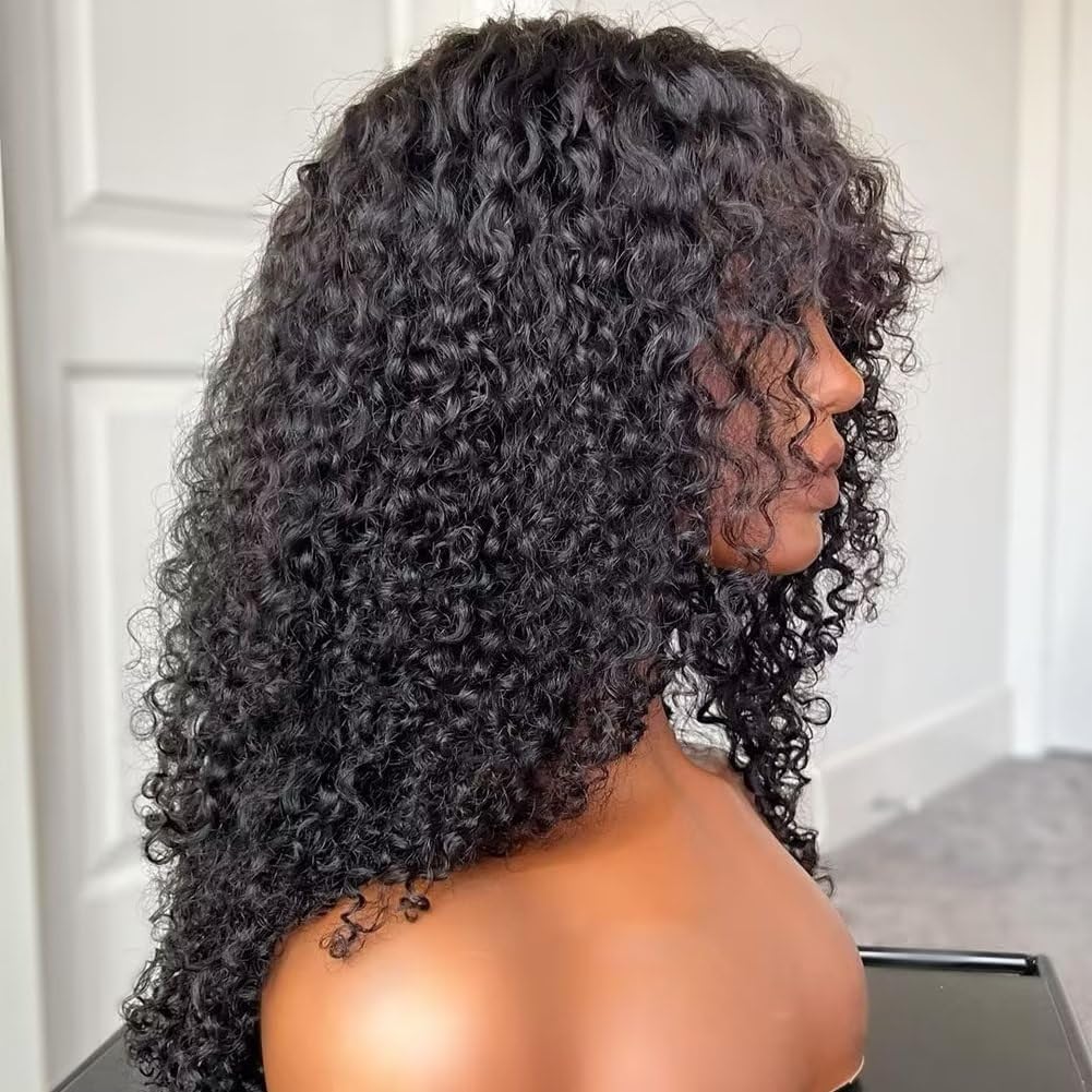 CLASSINE 24 Inch Brazilian Human Hair Wig for Women - Curly Glueless Lace Front Wig with Bangs, Natural Black Hair Replacement for Daily Wear & Cosplay