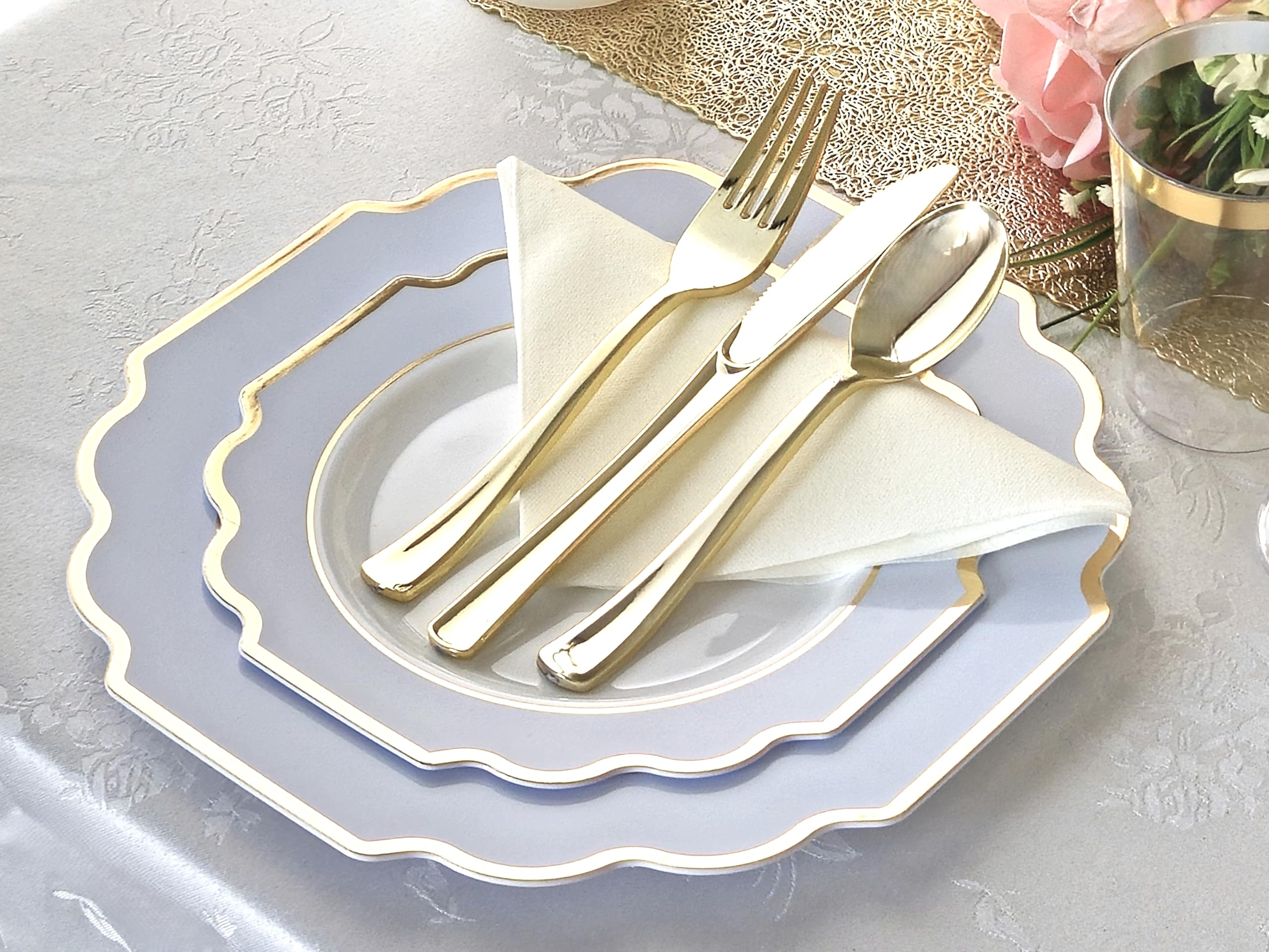 320-Piece Heavyweight Disposable Plastic Plate Set for Weddings & Parties - 40 x 10.5'' Dinner Plates + 40 x 8'' Dessert Plates + Silverware + Cups + Napkins (White, Blue & Gold) - Perfect for Large Gatherings, Catering Events & Special Occasions