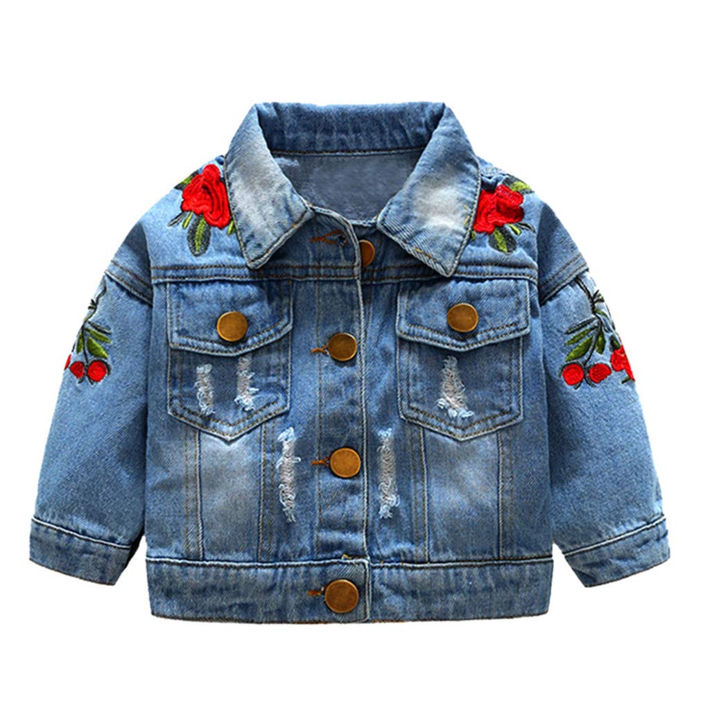 Baby Girls Denim Jacket with Rose Embroidery - Warm Zippered Coat for Toddlers - Perfect for Outdoor Play