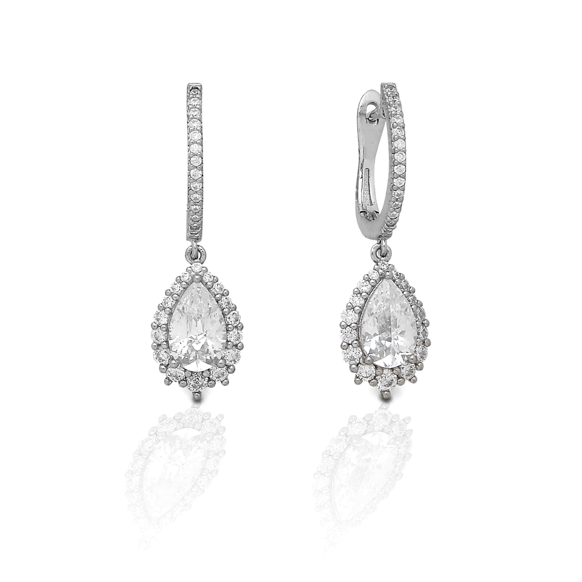 Clear Pear Halo Hoop Earrings - Sterling Silver 925 | Elegant Dangle Earrings for Women | Perfect for Weddings, Parties & Everyday Wear
