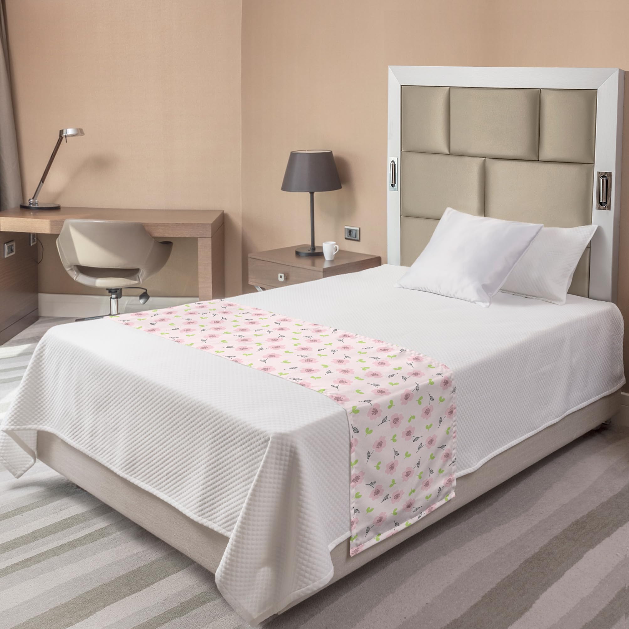 Ambesonne Floral Bed Runner - Pink Blooming Flowers on Pastel Background, Decorative Accent Bed Scarf for Twin Beds, Hotels & Guest Rooms - Pale Pink & Lime Green - Perfect for Spring Bedroom Decor & Wedding Guest Room Styling