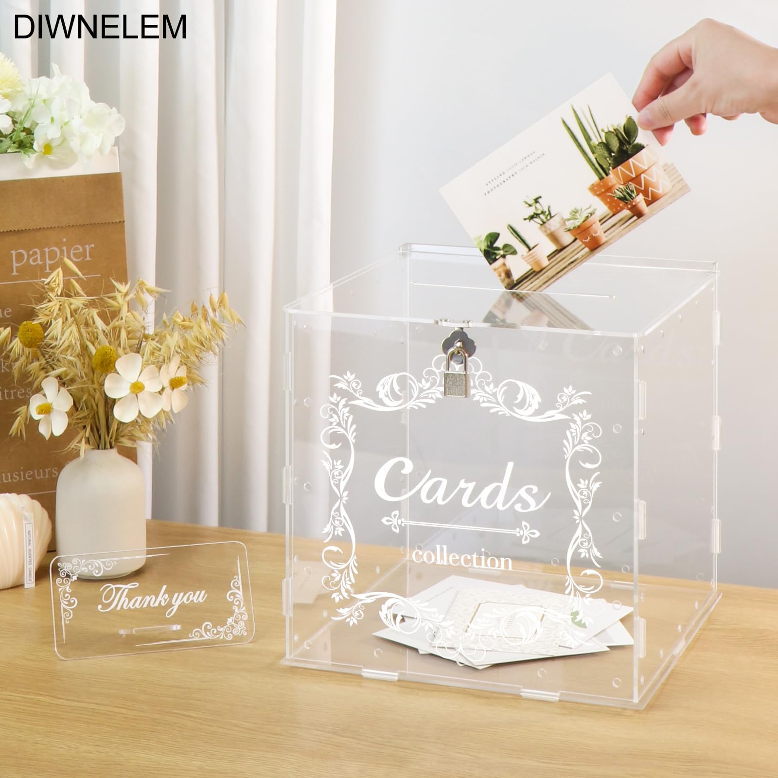 DIWNELEM Clear Acrylic Wedding Card Box with Lock - Large Letter Envelope Gift Money Holder for Wedding Reception, Baby Shower, Birthday Party & Graduation Decorations - Perfect for Secure Gift Storage at Special Events