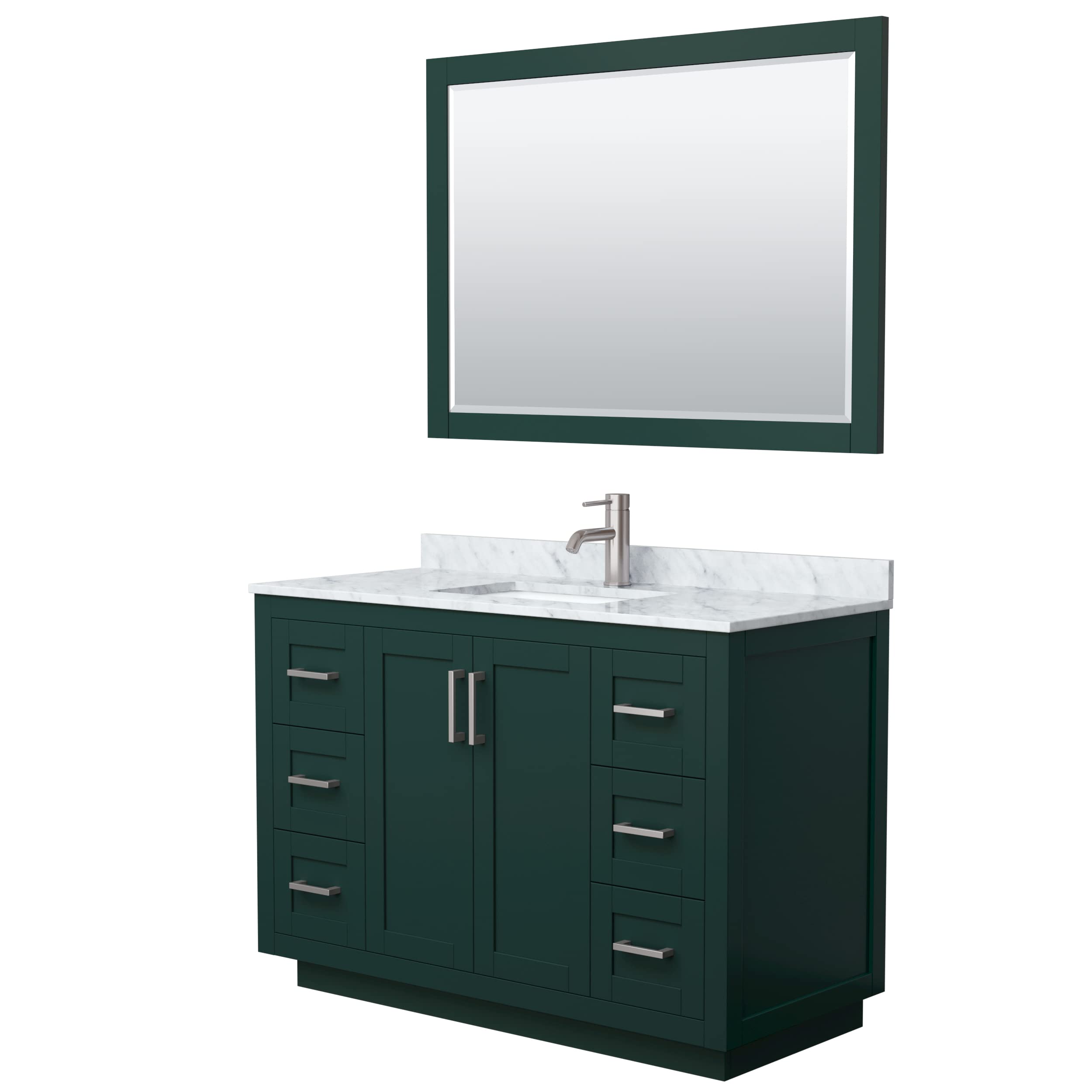 Wyndham Collection Miranda 48 Inch Green Bathroom Vanity with White Carrara Marble Countertop, Undermount Square Sink & Brushed Nickel Trim - Includes 46 Inch Mirror | Modern Bathroom Decor for Home Remodeling & Luxury Spa Experience