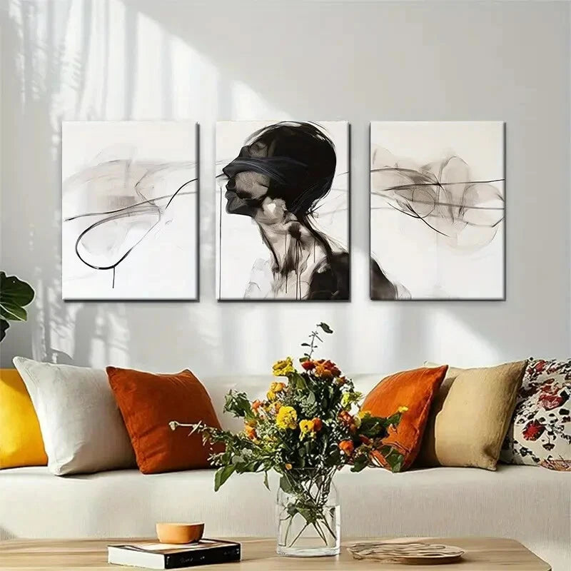 3-Piece Abstract Black & White Human Form Wall Art Set - Framed Canvas 40x60cm (16x24in) | High Quality Print | Ready to Hang | Modern Home & Office Decor | Perfect for Living Room, Bedroom or Gallery Wall