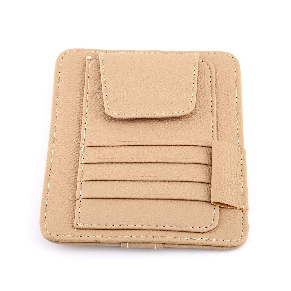 Car Visor Organizer with Mirror - PU Leather Sun Visor Storage Pouch for Sunglasses, Cards & Essentials (Beige) | Perfect for Road Trips & Daily Commute