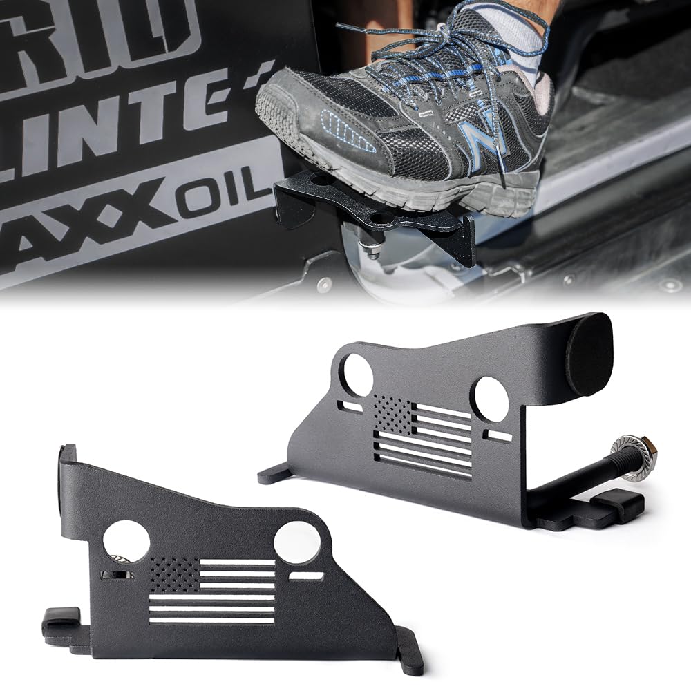 Xprite Black Steel Front Foot Pegs with US Flag Design - Compatible with 2007-2018 Jeep Wrangler JK & JKU - Heavy Duty Hinge Mounted Exterior Pedals for Off-Road Adventure & Easy Entry/Exit (Pair)