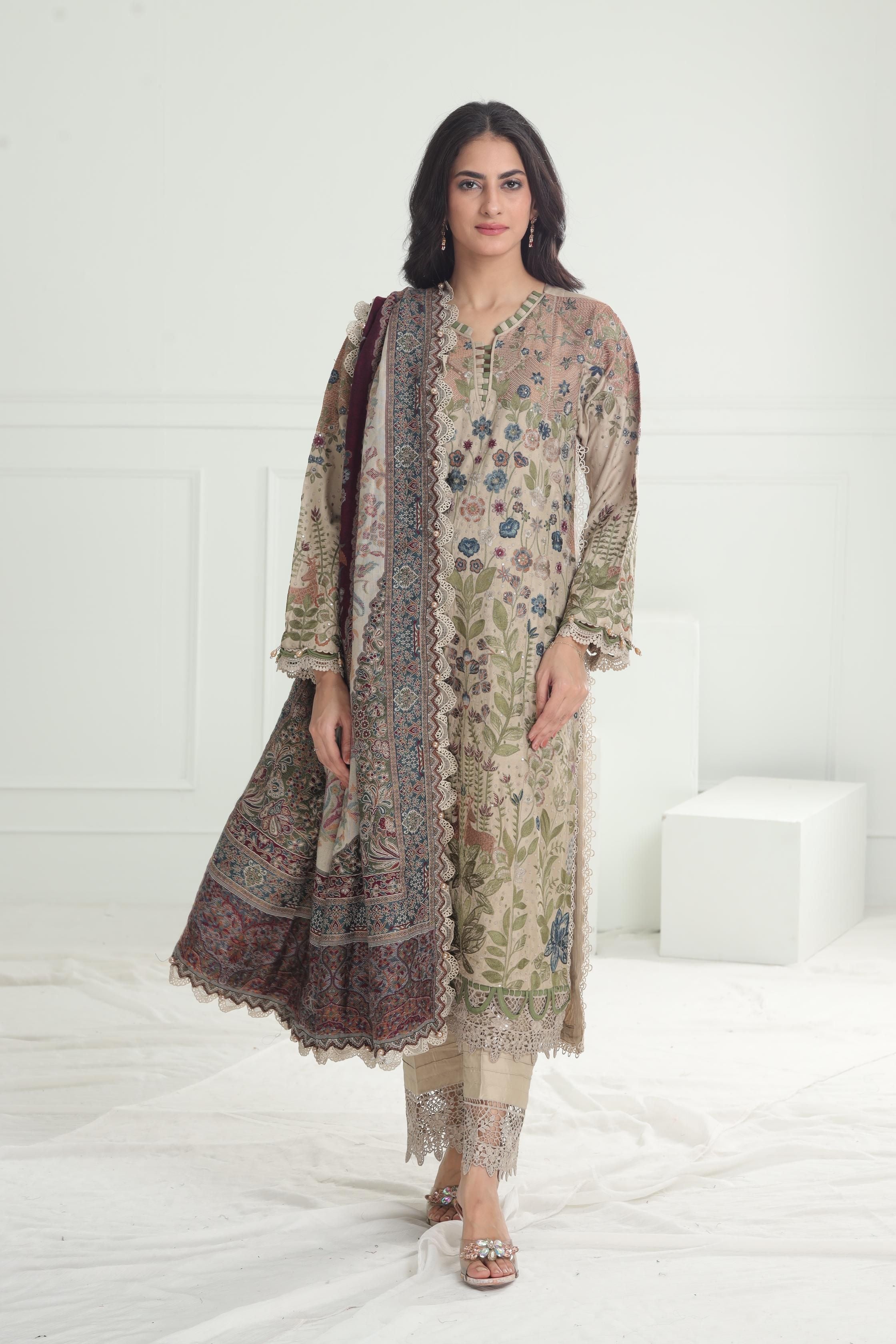 Maria B Winter Luxe Stitched Embroidered Dress - Elegant Party Wear for Women | Perfect for Holiday Gatherings, Weddings & Special Occasions