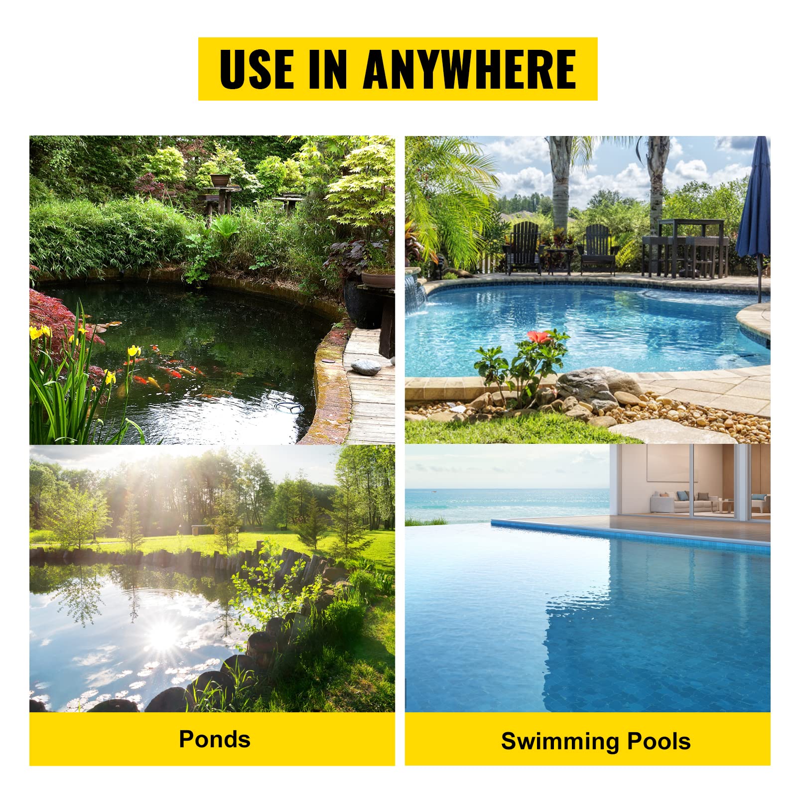 VEVOR 1400W Powerful Pond Vacuum Cleaner for Outdoor Ponds - 13ft Intake Hose, 4 Extension Tubes, 15ft Power Cord, 4 Brush Heads & Nozzles, 6.5ft Drain Hose with Debris Bag - Ideal for Cleaning Garden Ponds, Koi Ponds, and Water Features