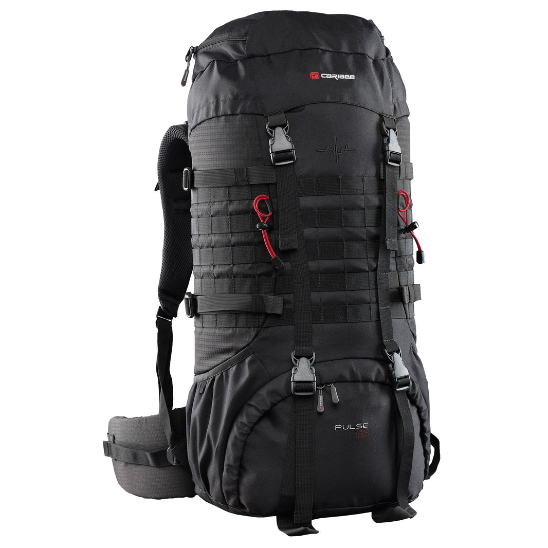 Caribee Pulse 65L Black Hiking Backpack - Lightweight Waterproof Trekking Pack for Outdoor Adventures & Travel