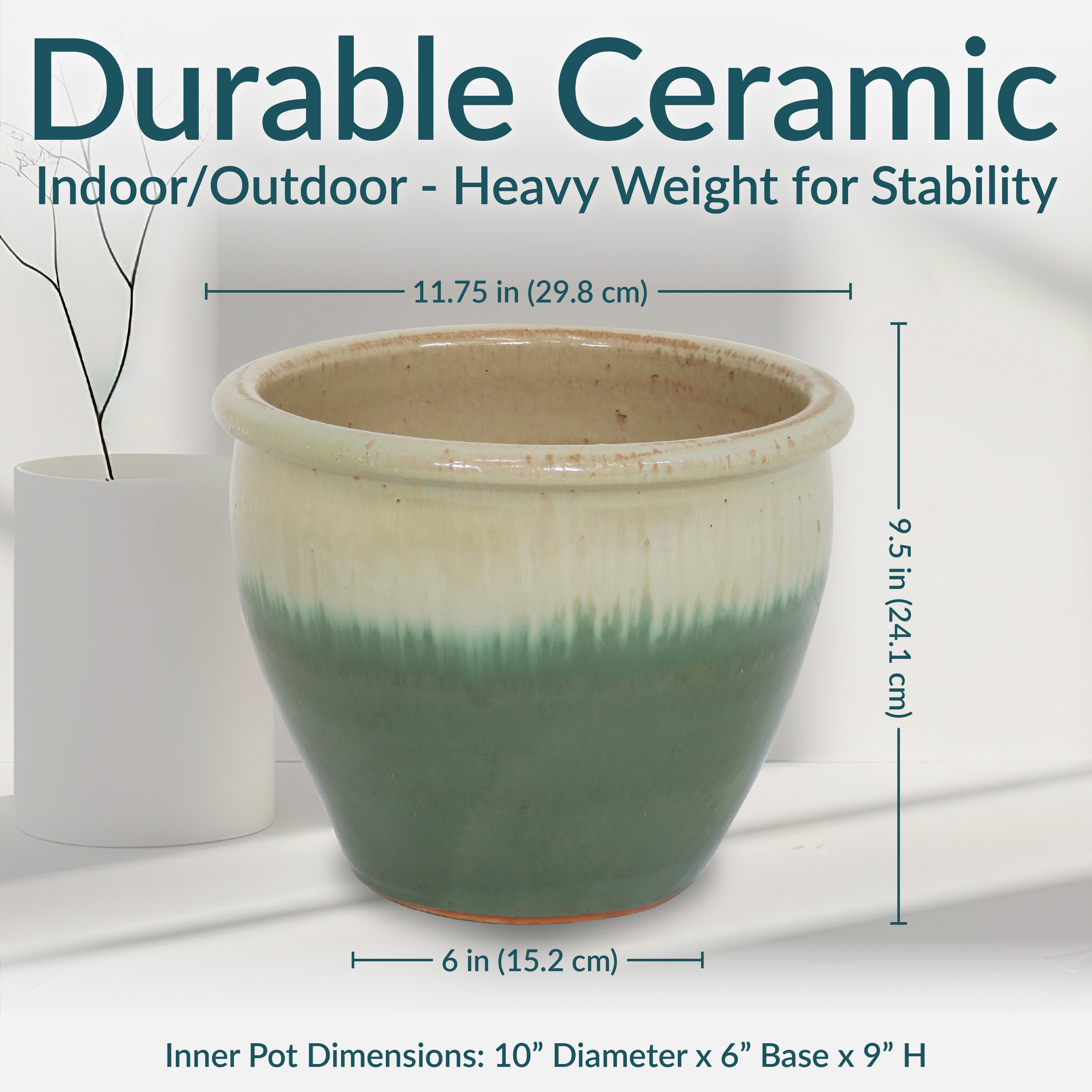 Sunnydaze Chalet Glazed Ceramic Plant Pots with Drainage Holes - Set of 2, Indoor Outdoor Garden Decor for Flowers, Succulents, Herbs - Perfect for Patio, Balcony, and Home Décor