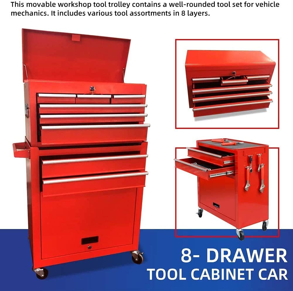 8-Drawer Rolling Tool Chest with Keyed Lock - Heavy Duty Tool Storage Cabinet with Sliding Drawers, Removable Organizer & 4 Casters - Perfect for Workshop, Garage & DIY Projects (Red)