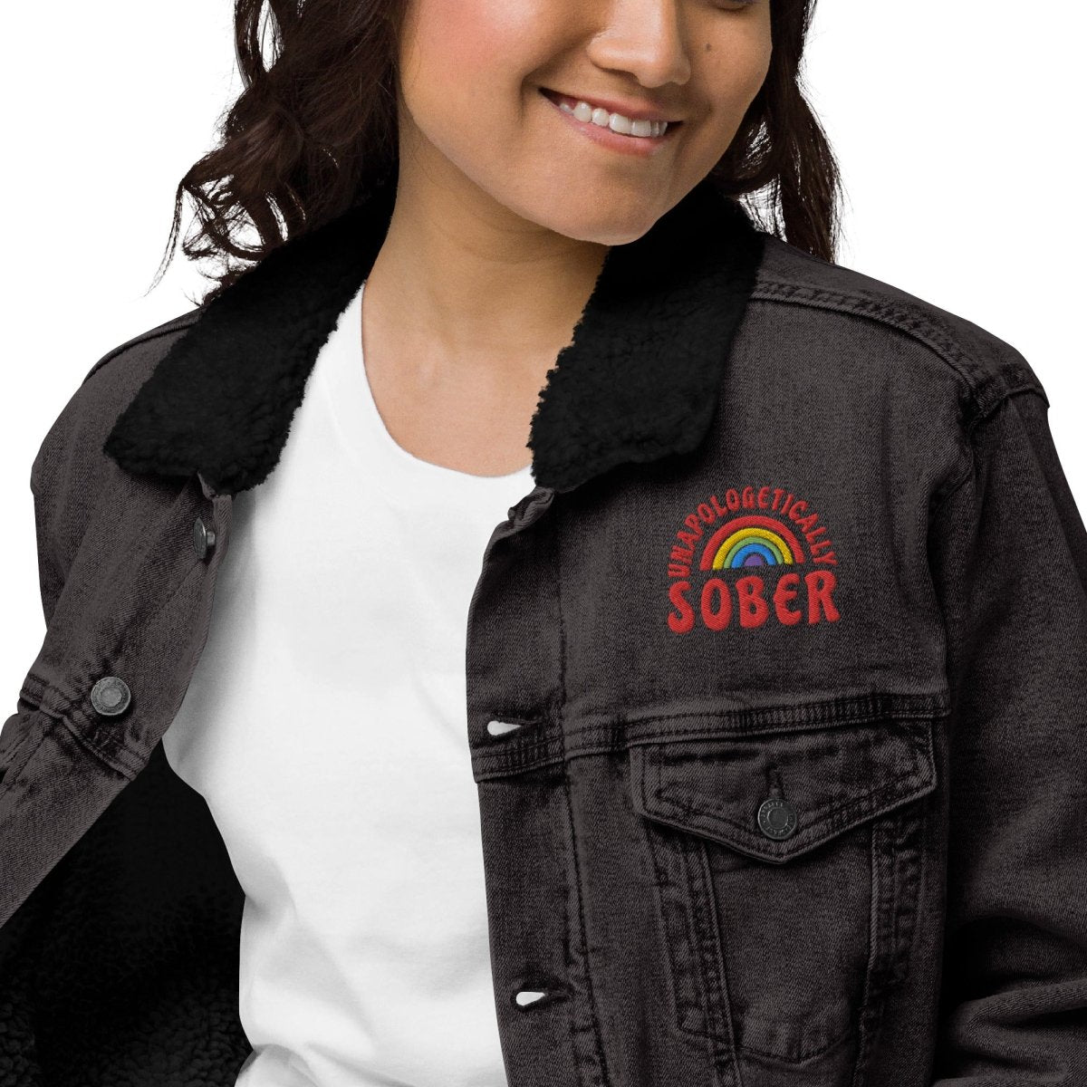 Unisex Sherpa Denim Jacket with Embroidered 'Unapologetically Sober' Design - Cozy Winter Fashion for Sober Living & Recovery Support