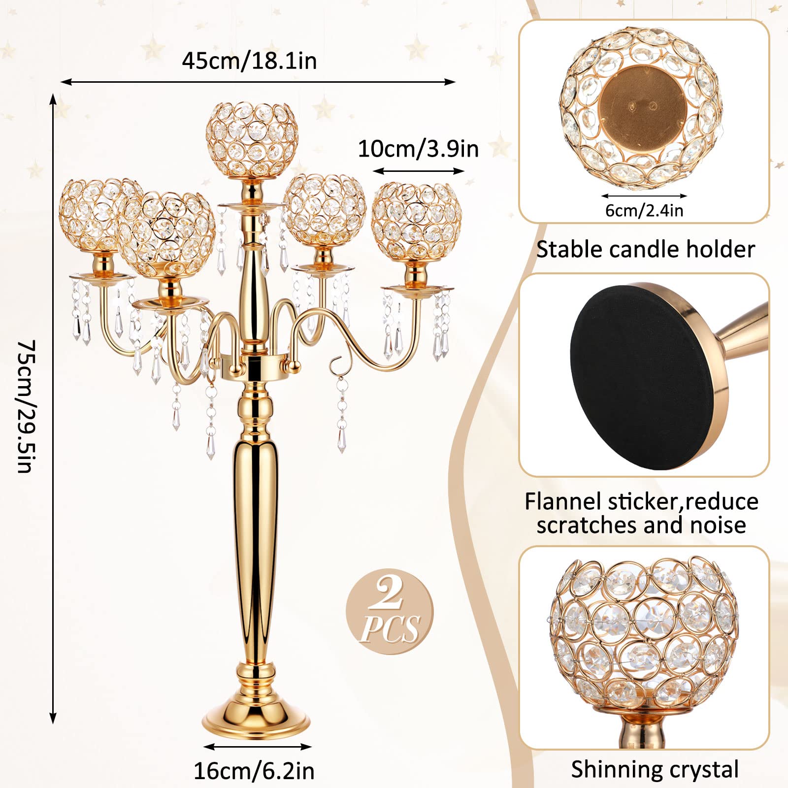 2 Pcs 29.5 Inch Gold Crystal Candelabra Centerpieces - 5 Arm Tall Candle Holders for Wedding, Party, Dinner Table Decor - Elegant Crystal Candle Holders for Formal Events, Home Dining & Holiday Decorations