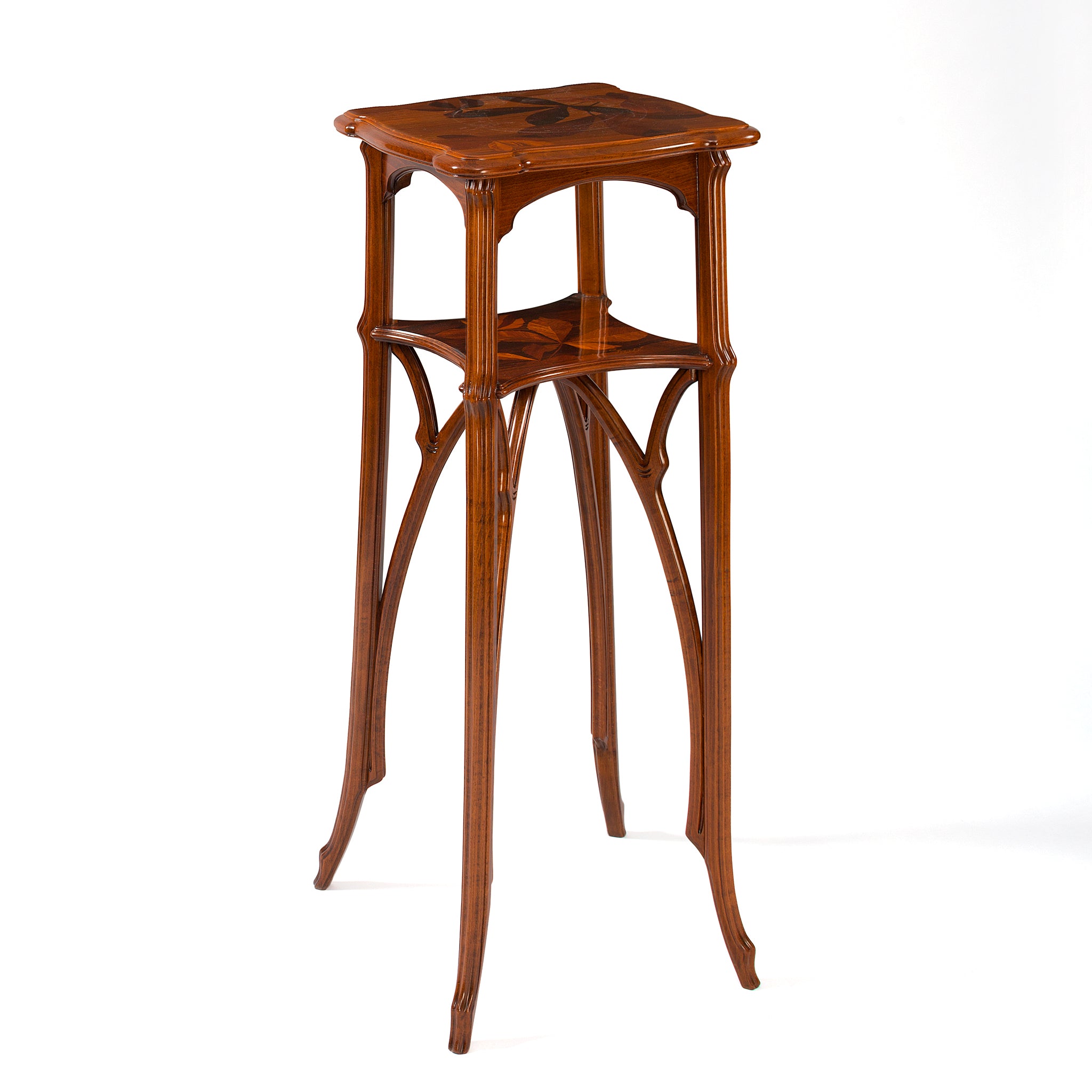 Antique Émile Gallé French Walnut & Fruitwood Marquetry Two-Tiered Pedestal Table - Vintage Art Nouveau Display Stand for Home Decor, Collector's Showcase, or Luxury Living Room Centerpiece