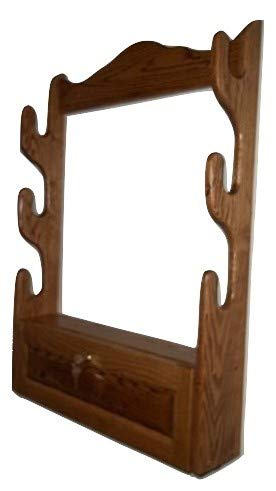 3 Gun Wall Mount Rack with Locking Storage Compartment - Golden Oak Finish for Secure Firearm Storage in Home, Office or Cabin