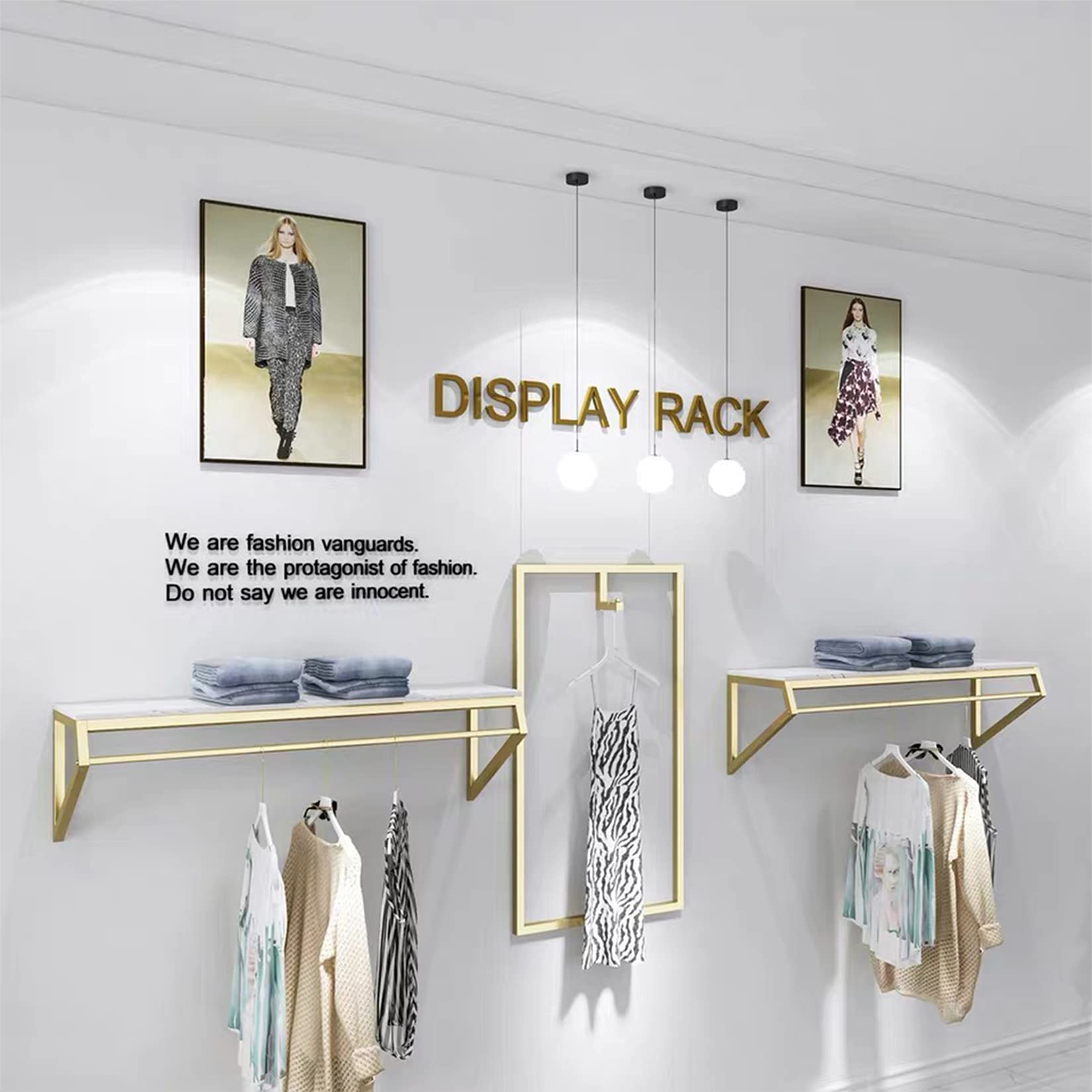 Modern Heavy Duty Metal Wall-Mounted Garment Rack with Wood - Gold Square Tube Clothes Rail for Men's & Women's Clothing Store Display or Bathroom Hanging Towel Organizer (Model B-39 L)