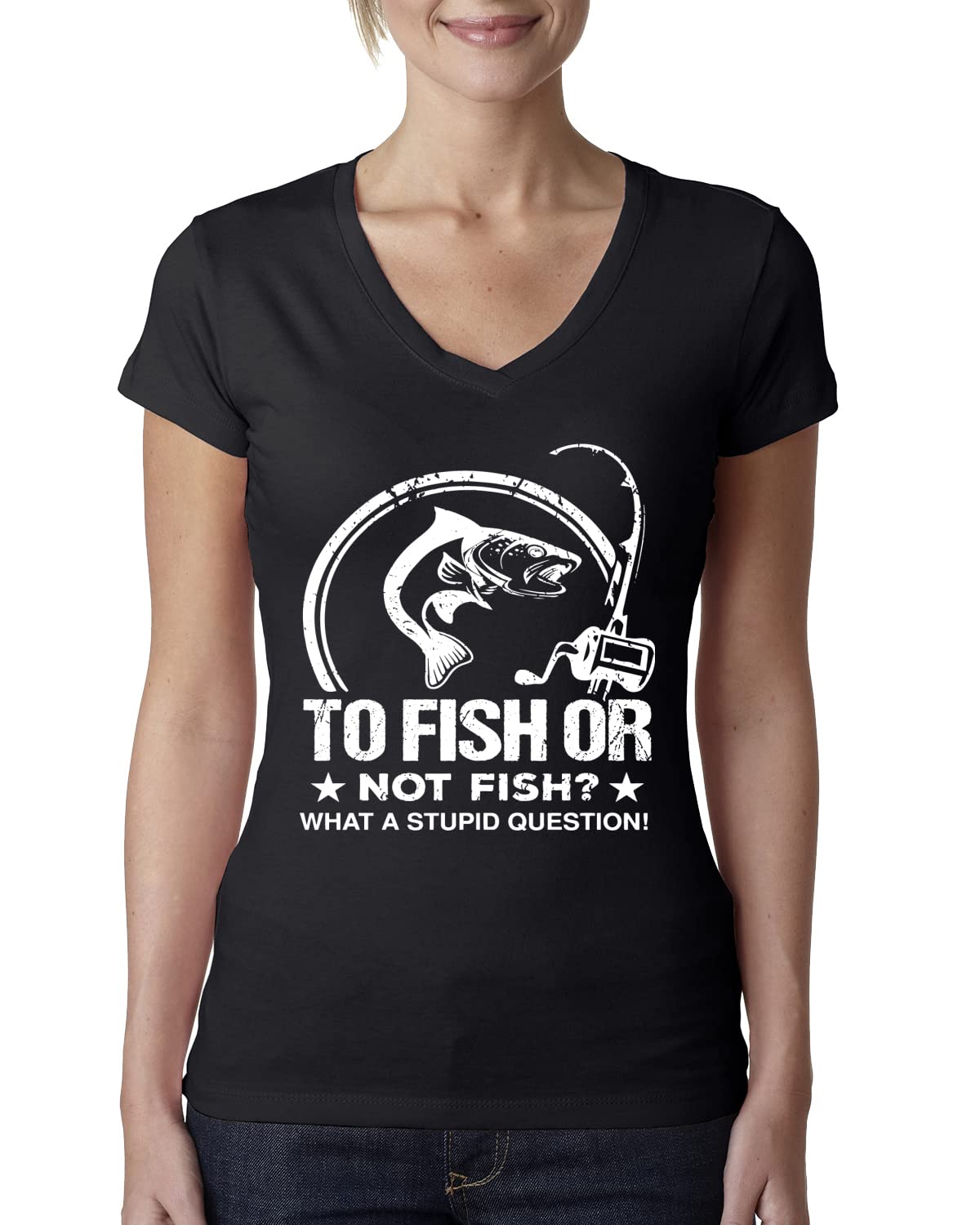 Women's Junior Fit V-Neck Fishing T-Shirt - Funny 'To Fish or Not to Fish' Design - Perfect for Anglers, Fishing Trips & Outdoor Adventures