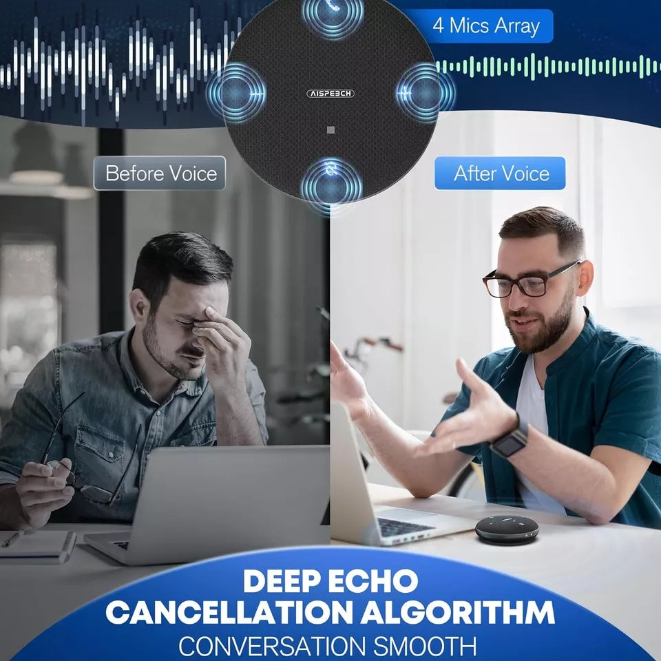 AISPEECH M4 Bluetooth Conference Microphone with AI Noise Cancellation & Transcription - USB, 360° Voice Pickup, Duplex Speaker for Online Meetings, Webinars & Remote Work