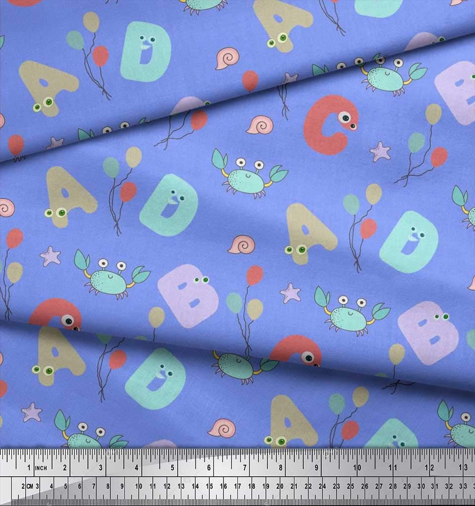 Soimoi Blue Viscose Chiffon Fabric by The Yard - 42 Inch Wide - Crab Balloons Alphabet Print Kids Fabric for DIY Crafts, Nursery Decor & Educational Play (1 Yard) - Perfect for Children's Clothing, Curtains & Home Decor Projects