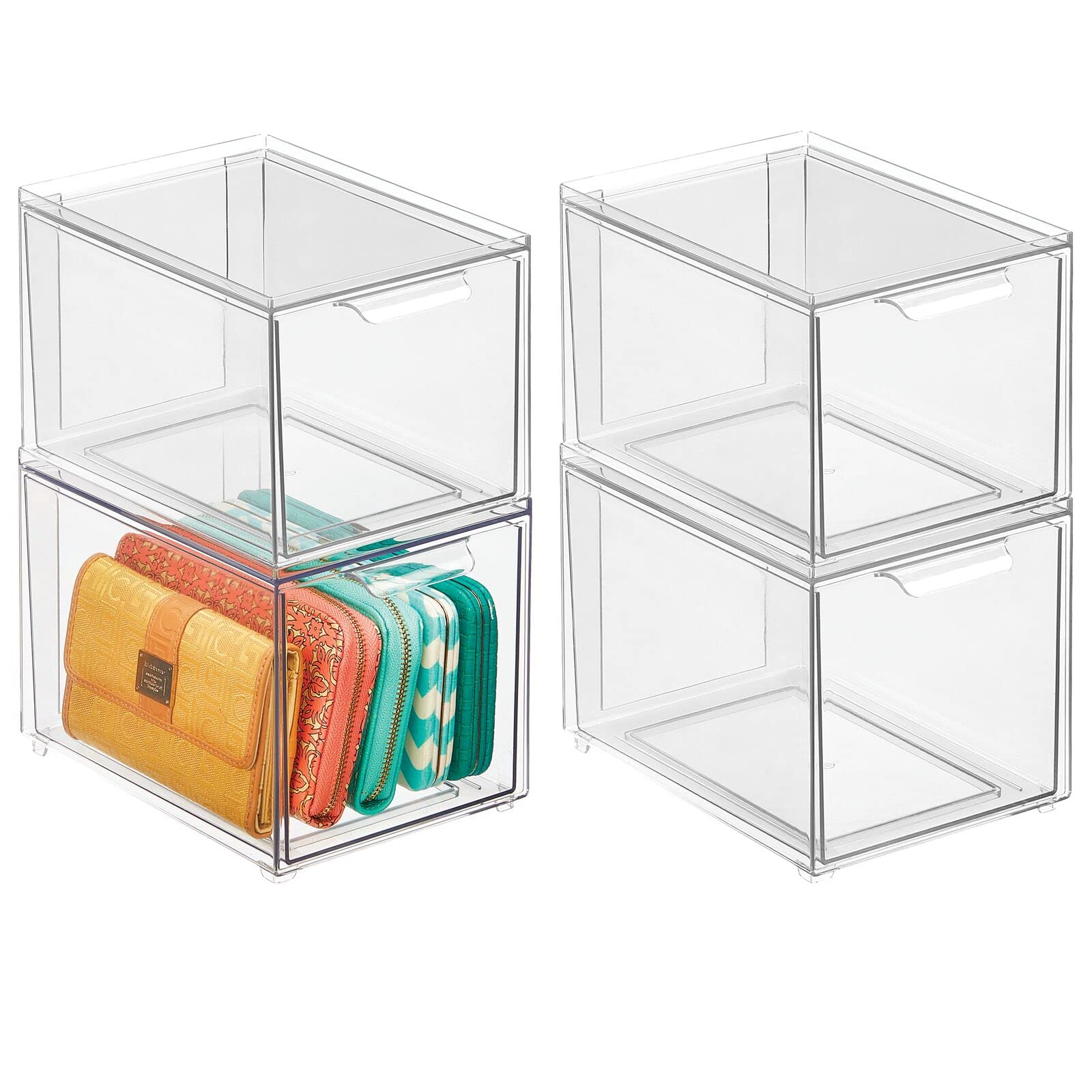 mDesign Clear Plastic Stackable Closet Storage Bins with Pull-Out Drawers - 4 Pack Organizer for Cabinet, Desk, Shelf & Cupboard - Lumiere Collection | Space-Saving Home & Office Organization Solution