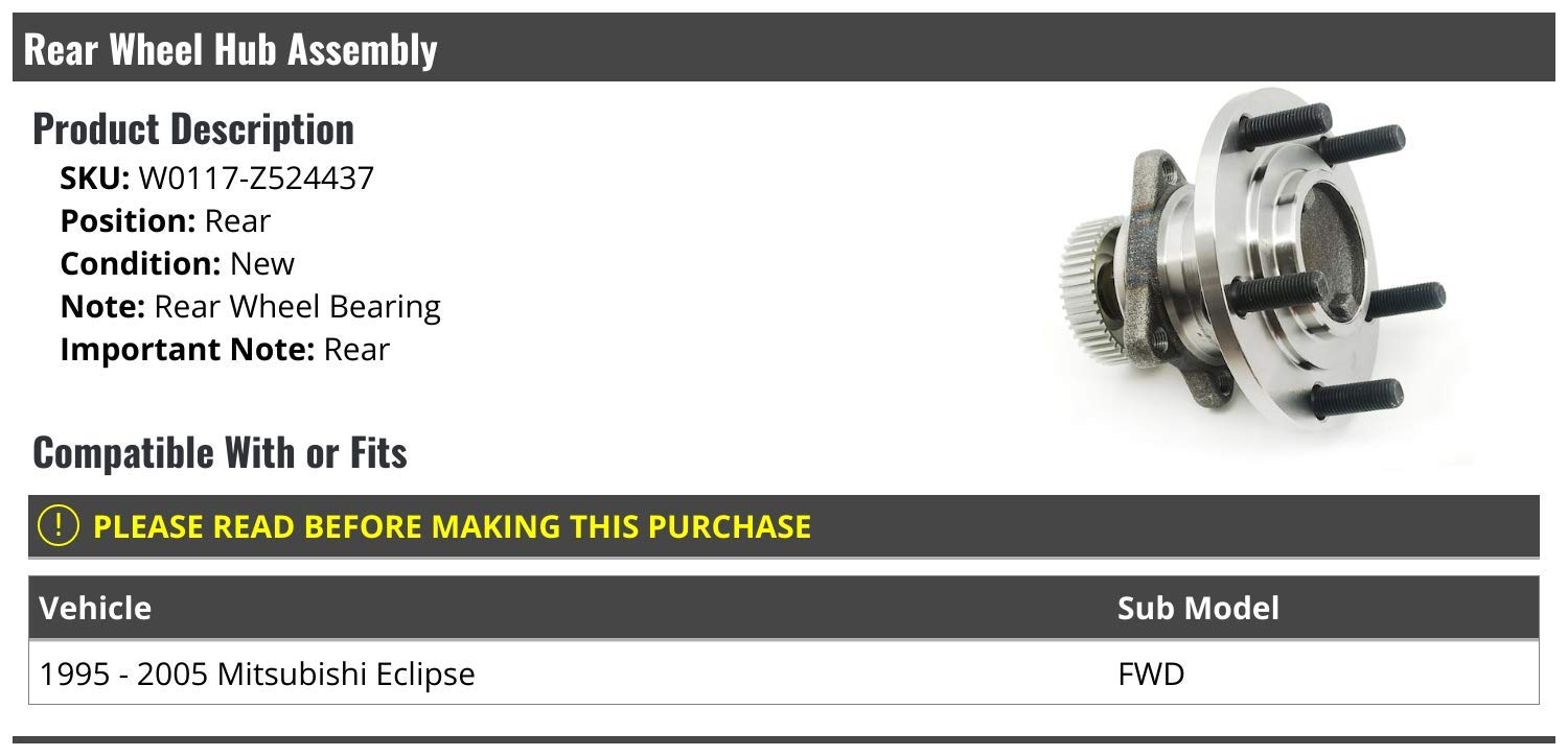 Rear Wheel Bearing Hub Assembly for 1995-2005 Mitsubishi Eclipse FWD - High-Quality Replacement Part - Perfect for DIY Car Repairs & Smooth Driving Experience