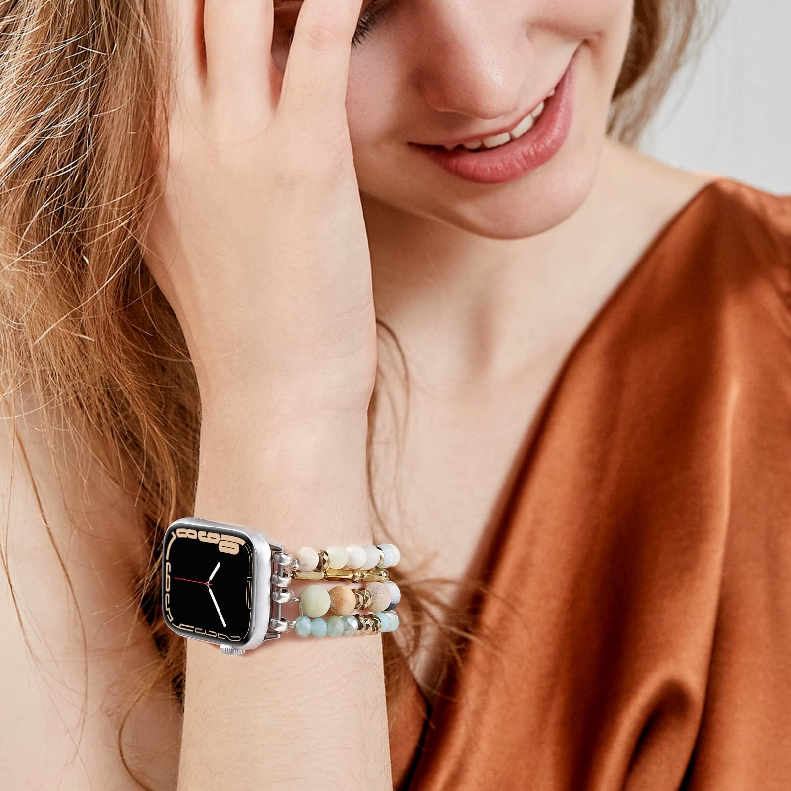 VISOOM Stretchy Beaded Boho Bracelet Compatible with Apple Watch 40mm/38mm/41mm/42mm (Series 1-10 & SE) - Handmade Crystal Beads Fashion Watch Band for Women - Perfect for Work, Yoga & Boho Style Outfits