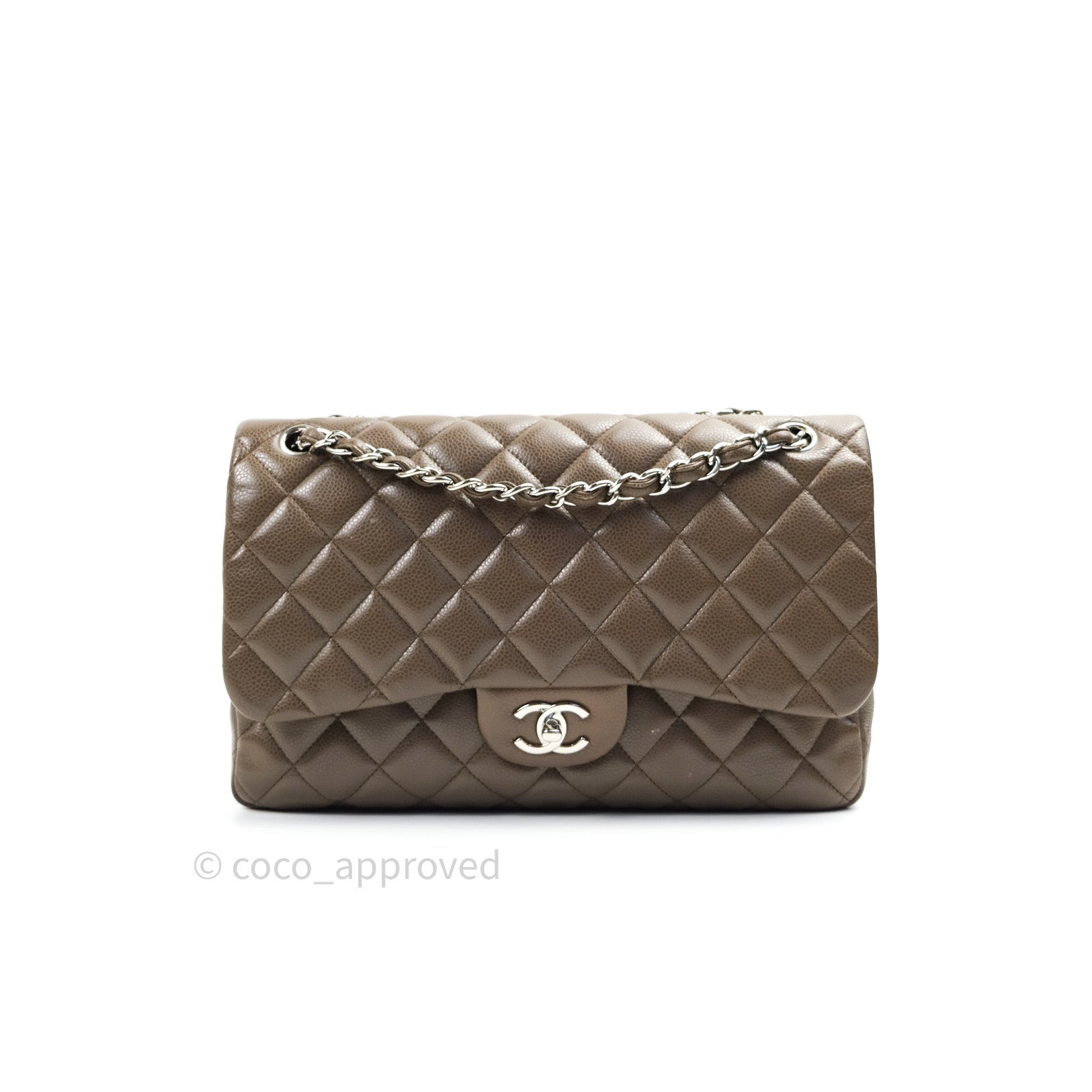 Chanel Classic Double Flap Quilted Jumbo Bag in Khaki Caviar Leather with Silver Hardware - Luxury Designer Handbag for Women, Perfect for Work, Evening Events & Everyday Use