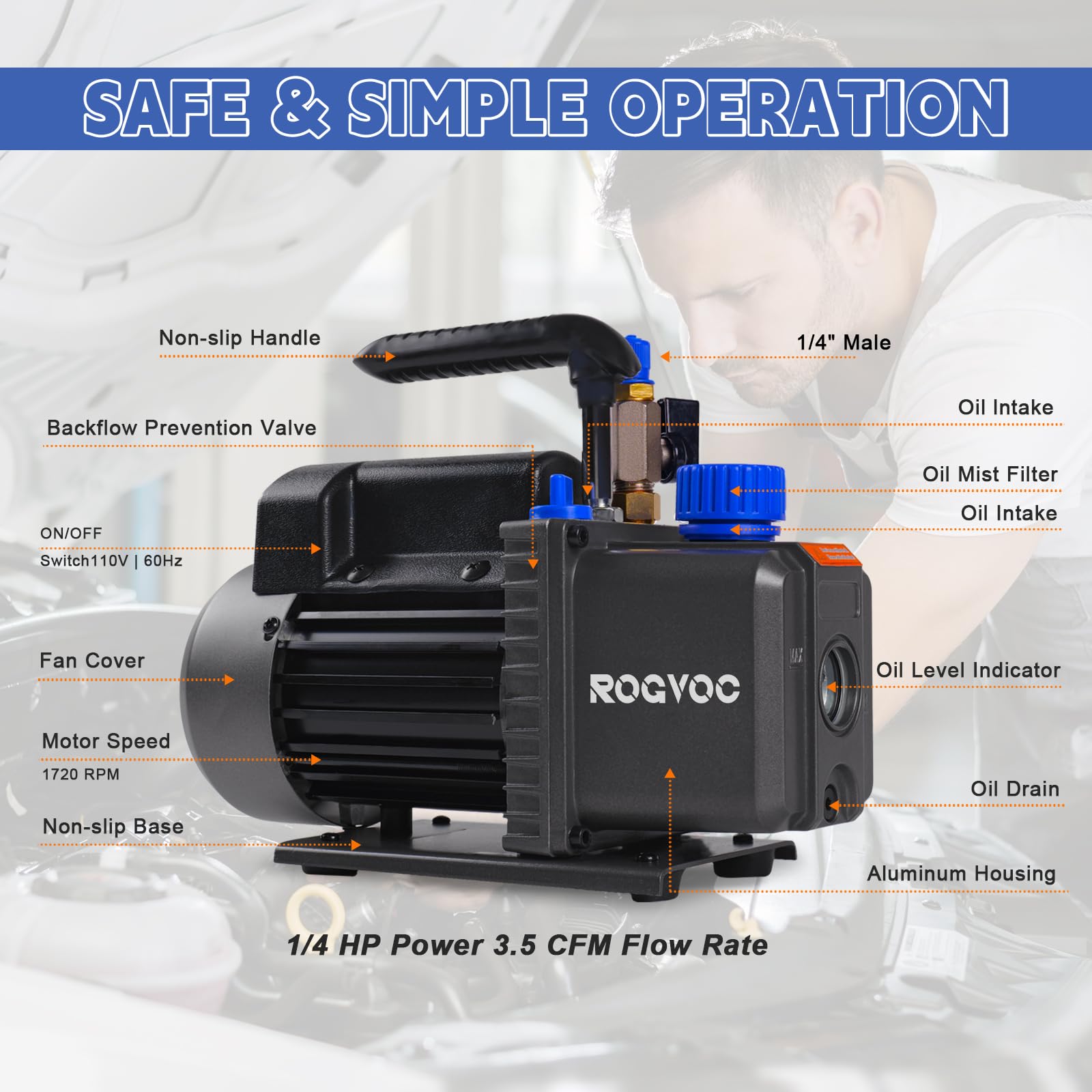 3.5 CFM 110V 1/4 HP Single Stage Rotary Vane Vacuum Pump for HVAC, Automotive AC Repair & Refrigerant Recharging - Compatible with R12, R22, R134a, R410a - Ideal for Professional Mechanics & DIY Car AC Maintenance
