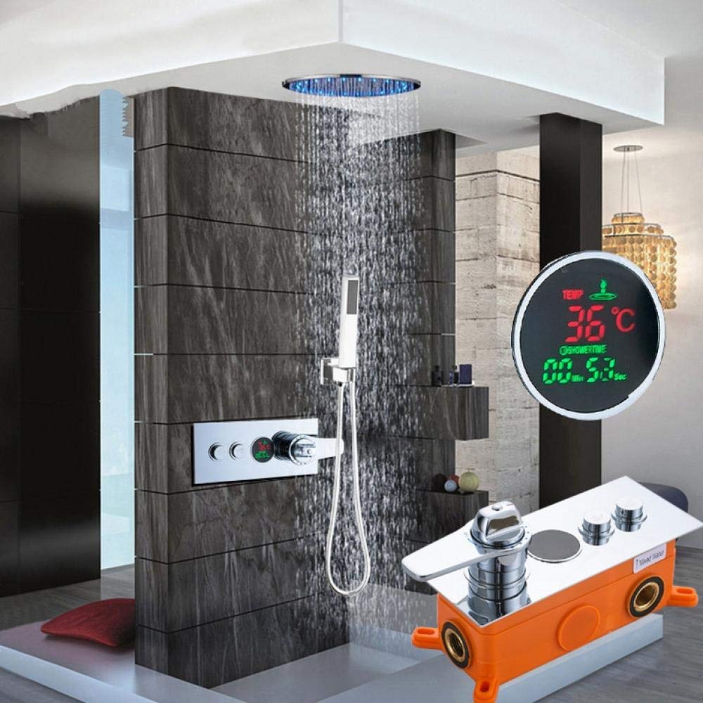 20 Inch Chrome LED Thermostatic Shower Faucet Mixer Set with Digital Display - Wall Mounted Hand Shower with Hot & Cold Water Switch - Perfect for Modern Bathrooms & Spa-Like Showers