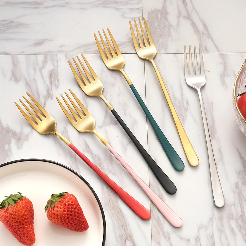 Stainless Steel Long Handle Forks Set - 6-Piece Pink Gold Fruit Forks, Dinner Forks, Salad Forks for Camping, Bento, Restaurant & Kitchen Cutlery Accessories - Perfect for Picnics, Parties & Outdoor Dining