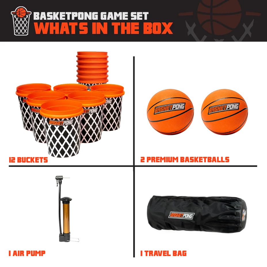 **Giant Yard Pong & Basketball Game Set - 12 Durable Buckets, 2 Balls, Carrying Bag & Air Pump - Outdoor Lawn, Backyard & Beach Party Games for Adults & Kids**    *(Perfect for BBQs, Tailgating, Picnics, and Summer Outdoor Fun!)*