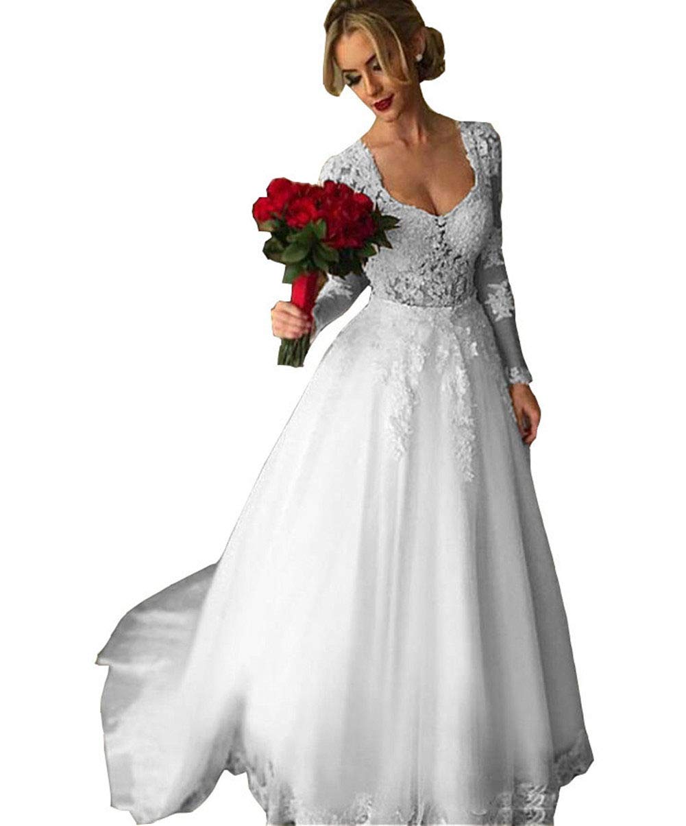 Emmani Women's Detachable Train Wedding Dress 2 in 1 Long Sleeve Lace Bridal Gown – Perfect for Church Ceremony, Outdoor Wedding & Formal Events