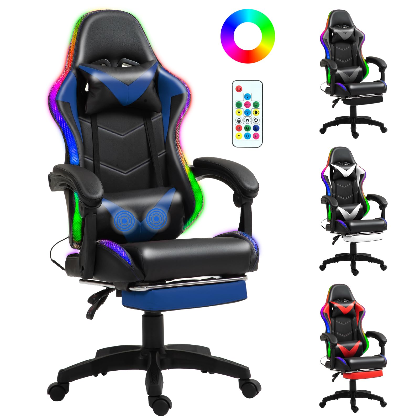 Premium Gaming Chair with RGB LED Lights & Adjustable Footrest - Ergonomic High Back Lumbar Support for Adults & Kids - Gamer Chair with Headrest & Storage Pocket - Perfect for Office, Computer Desk & Esports Gaming - Black & Blue Color