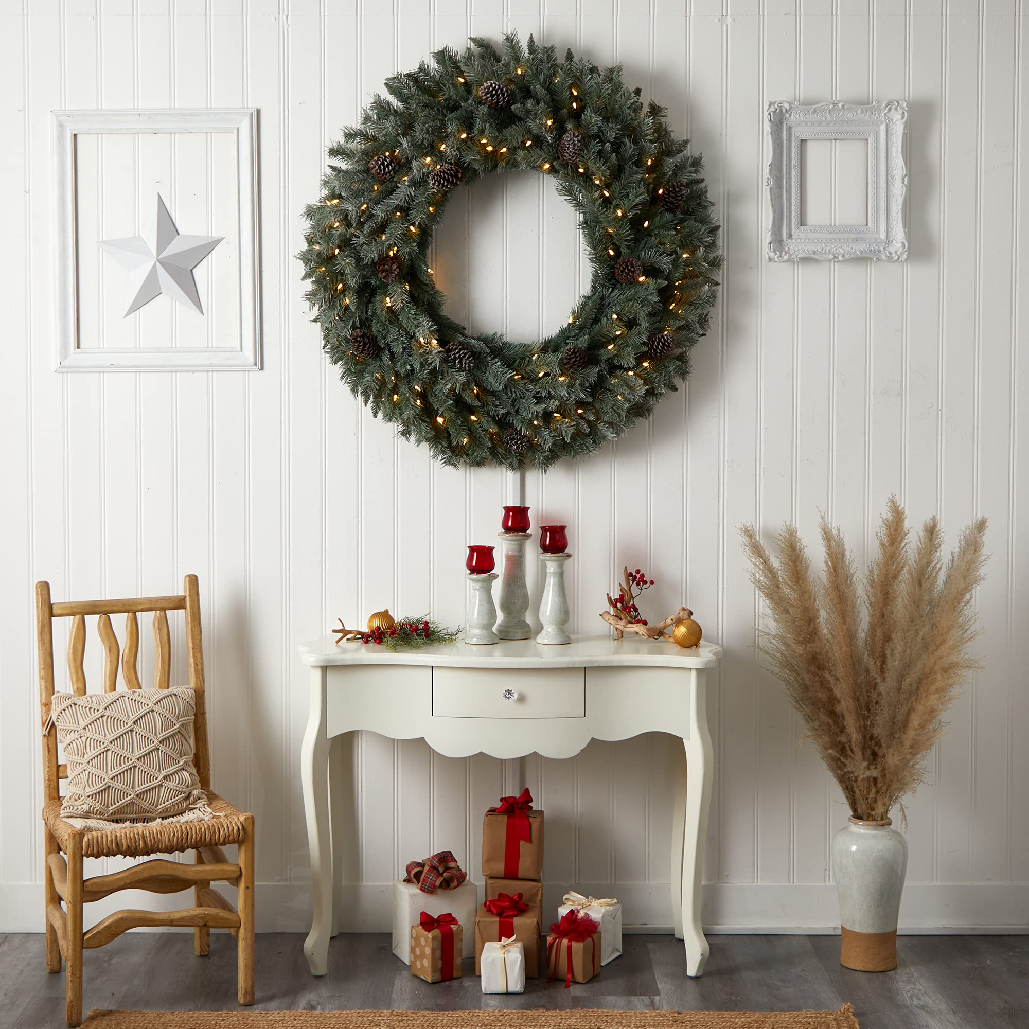 Nearly Natural 4ft Large Flocked Artificial Christmas Wreath with Pinecones - 150 Clear LED Lights & 360 Bendable Branches for Holiday Door Decor, Fireplace Mantel, and Festive Home Decoration