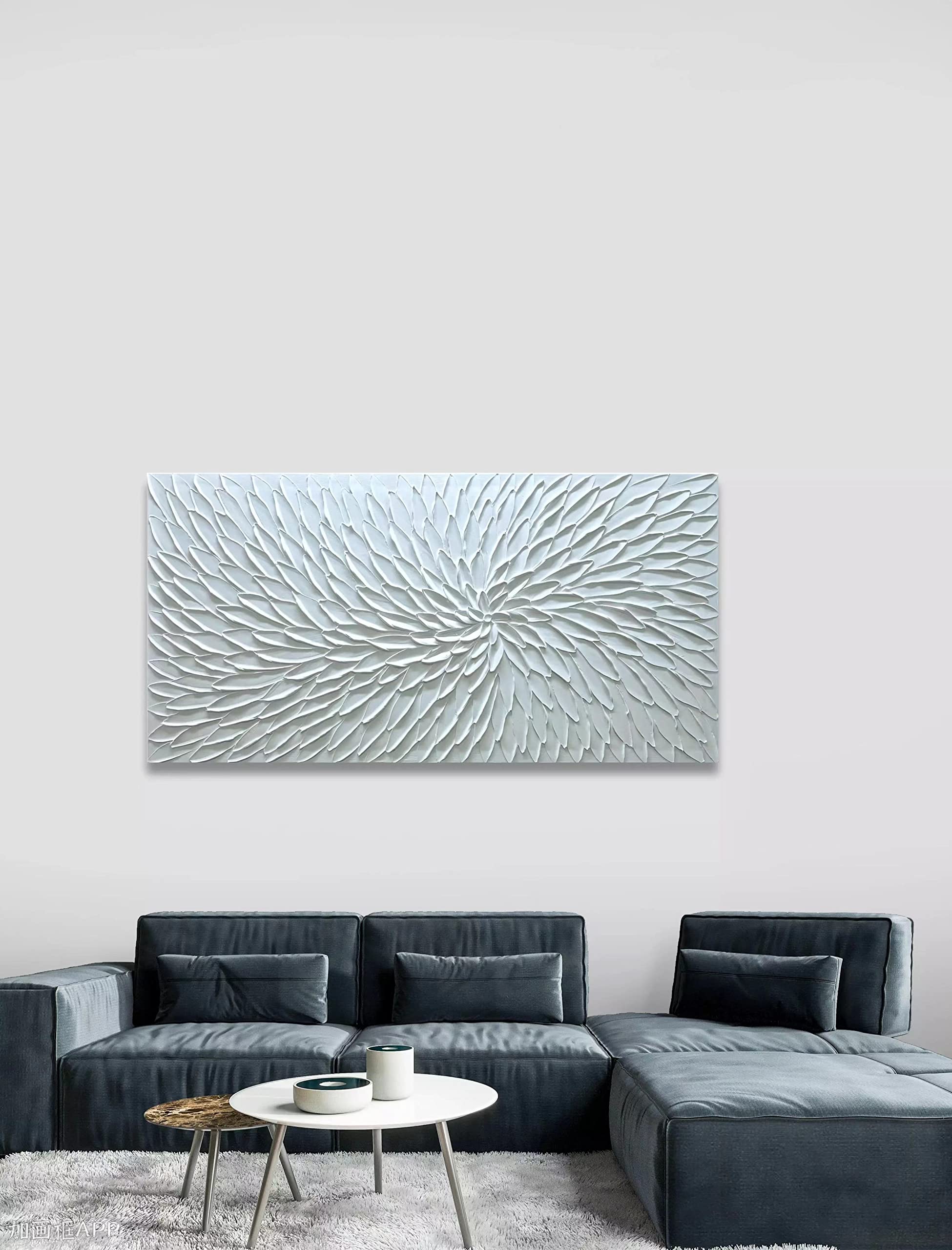 Yika Art Hand Painted Abstract Oil Painting on Canvas - Modern White Flower Thick Texture Wall Art Decor 30x60 inches - Perfect for Living Room, Bedroom & Office Decor