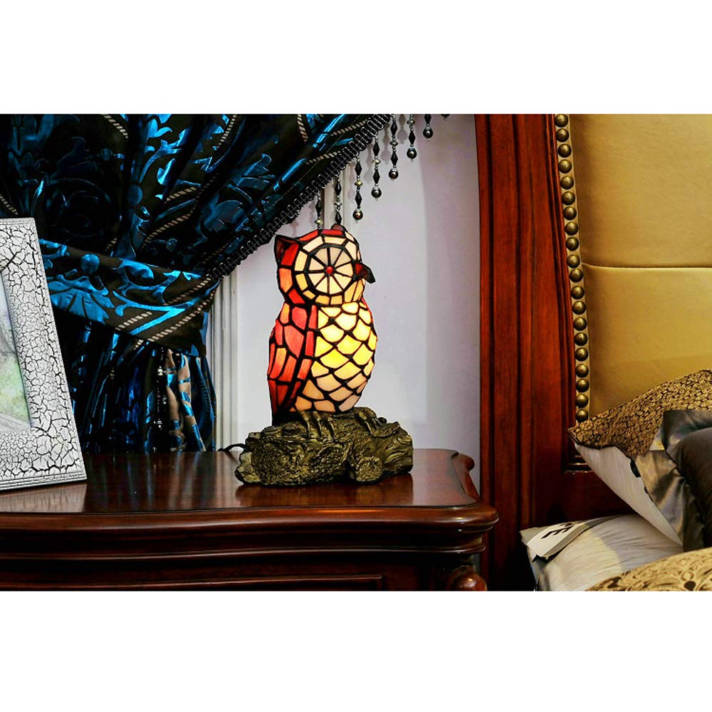 LITFAD Tiffany Style Vivid Owl Desk Lamp - 1 Light Stained Glass LED Night Light in Red for Bedroom, Living Room, Office & Hotel Decor | Perfect Reading Light & Cozy Ambiance Lighting