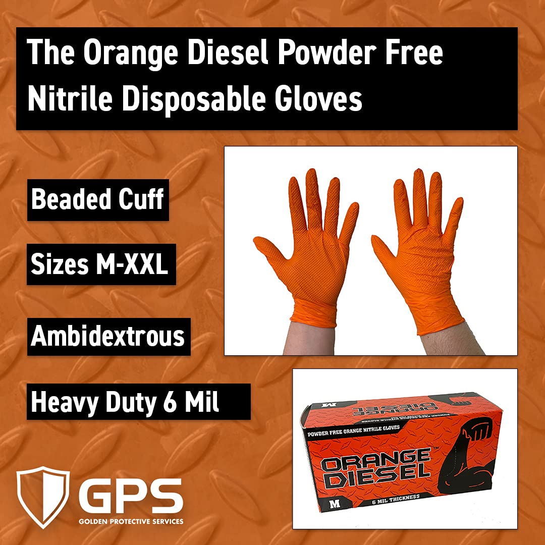 Premium Orange Nitrile Disposable Gloves - Powder-Free, 6 Mil Thick, Diamond Textured Grip (Sizes M-XXL) - Bulk Case for Medical, Food Service & Industrial Use
