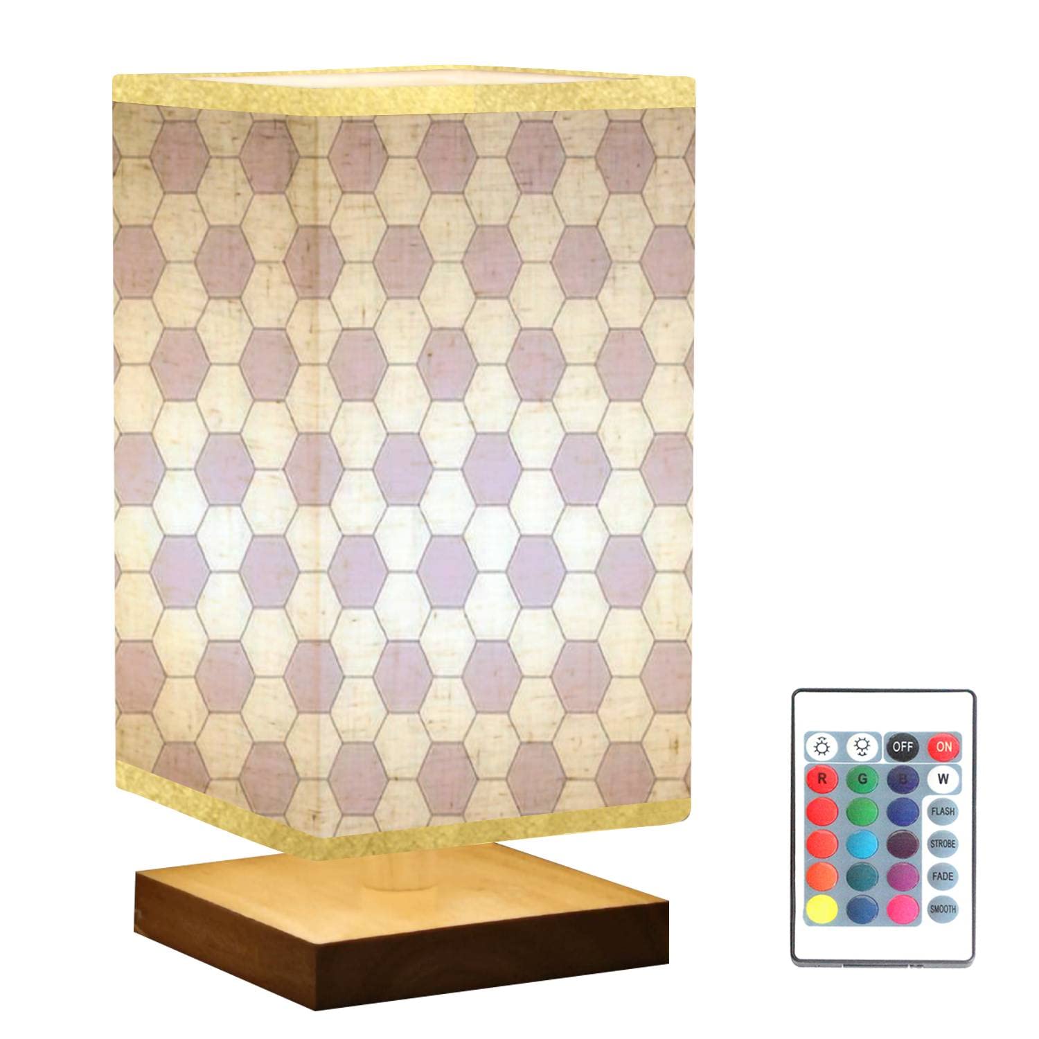 Hexagonal Honeycomb Pattern Dimmable Bedside Table Lamp - White & Pink Wooden Base with Flaxen Fabric Shade for Bedroom, Living Room, Office | Nightstand Lighting, Reading Lamp, Home Decor Accent